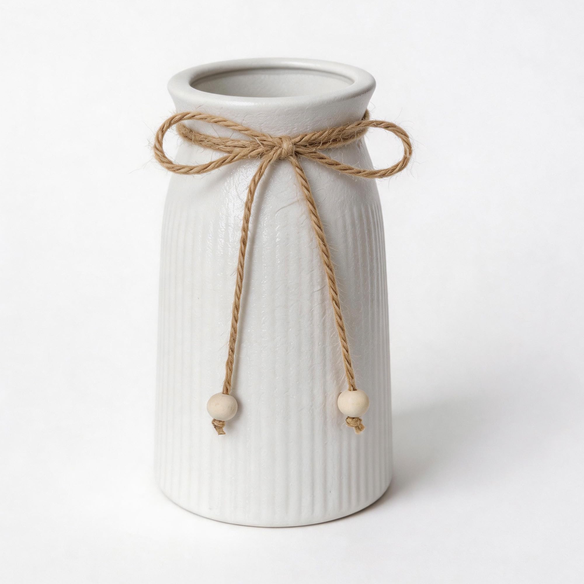 15CM Tall Ceramic Vase for Home Décor, White Color Farmhouse Ribbed Vase with Twine Bow, Small Decorative Flower Vase for Pampas Grass, Rustic Boho Table Centrepiece, Shelf & Living Room