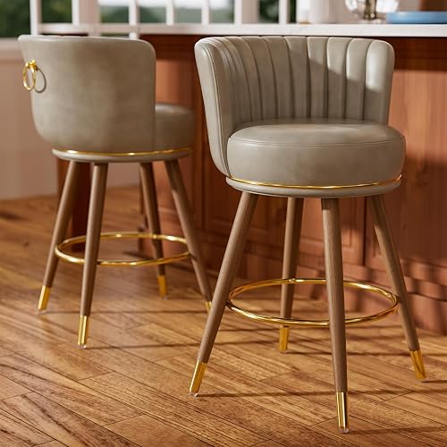 SeekFancy 24" Swivel Bar Stools Set of 2, Counter Height BarStools with Back, Leather Counter Stool with Wood Legs, Upholstered Pub Stools Grey Bar Chairs for Kitchen Island, 300lbs