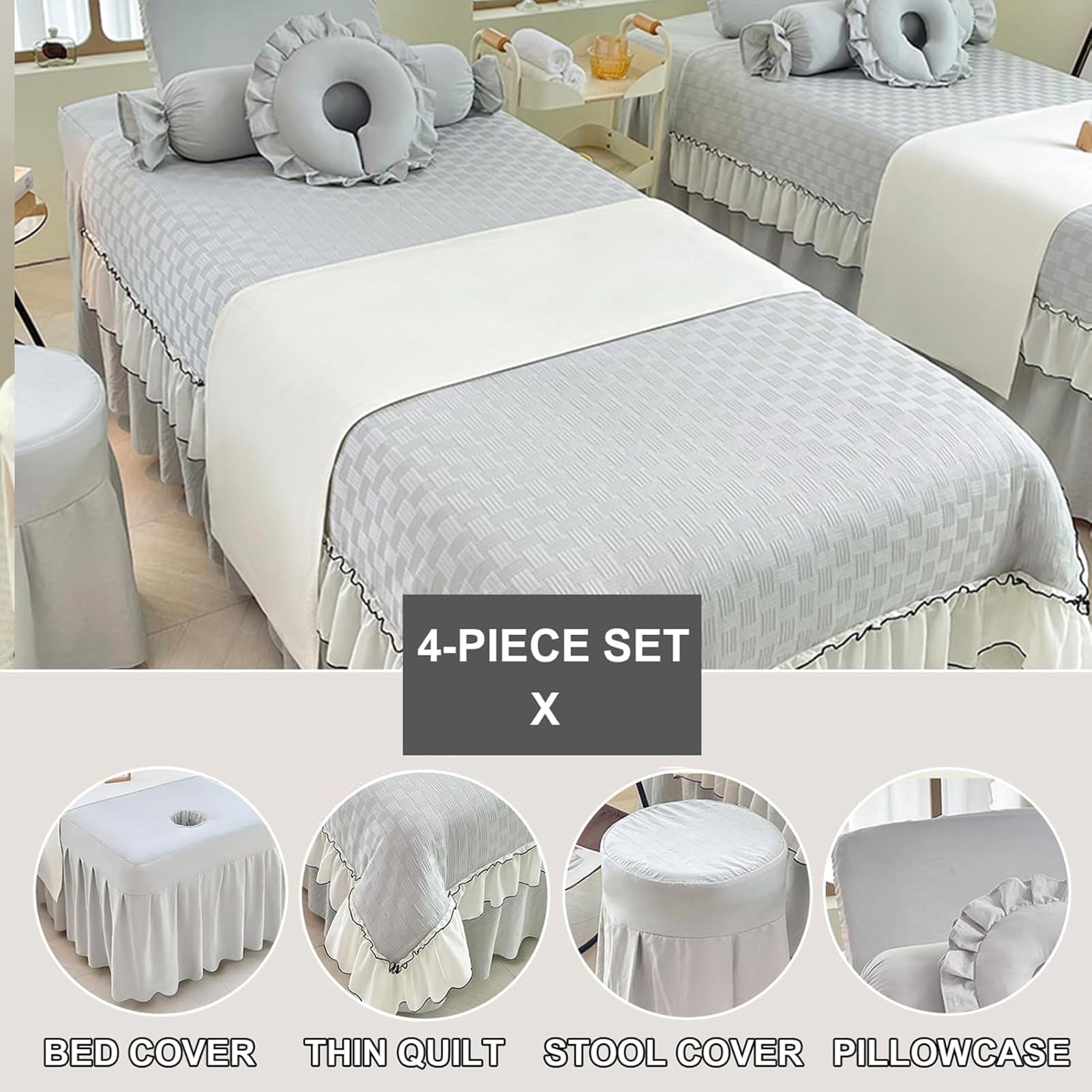 Narzuta i spódnica do salonu, pokrowiec na łóżko do masażu kosmetycznego z otworami, 4-częściowy zestaw pościeli do stołu do masażu spa,White5,70x190cm(28x75inch)