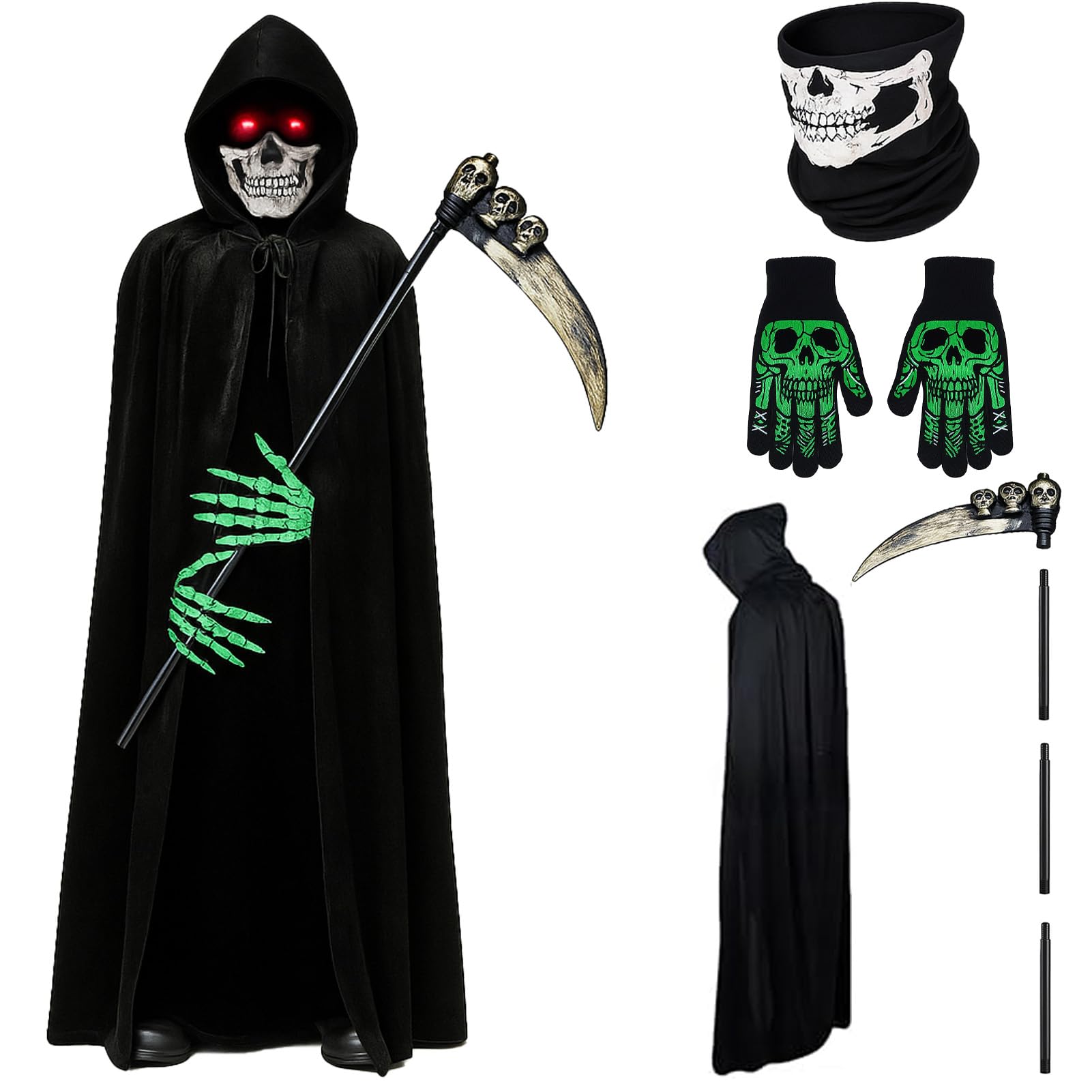 Disfraz de Parca Halloween Adulto – Capa Negra con Capucha, Guadaña Desmontable, Guantes de Esqueleto que Brillan en la Oscuridad, Máscara Calavera – Cosplay, Carnaval, Fiestas de Terror