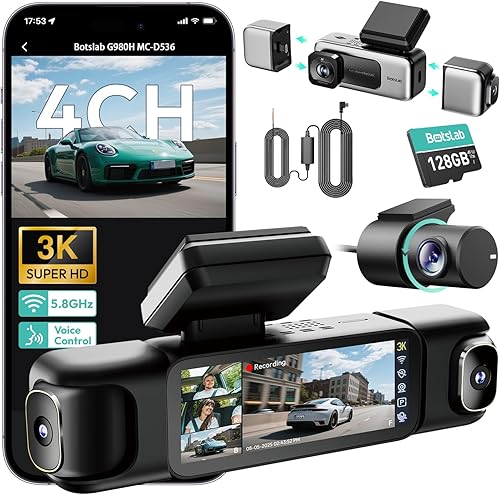 BOTSLAB 3K 4 Channel Dash Cam, 24/7 Parking Mode with Hardwire Kit, 560° View, Front and Rear Inside Car Camera with 3.18”Touch Screen, Night Vision Voice Control, Free 128GB Card 5.8GHz WiFi & GPS