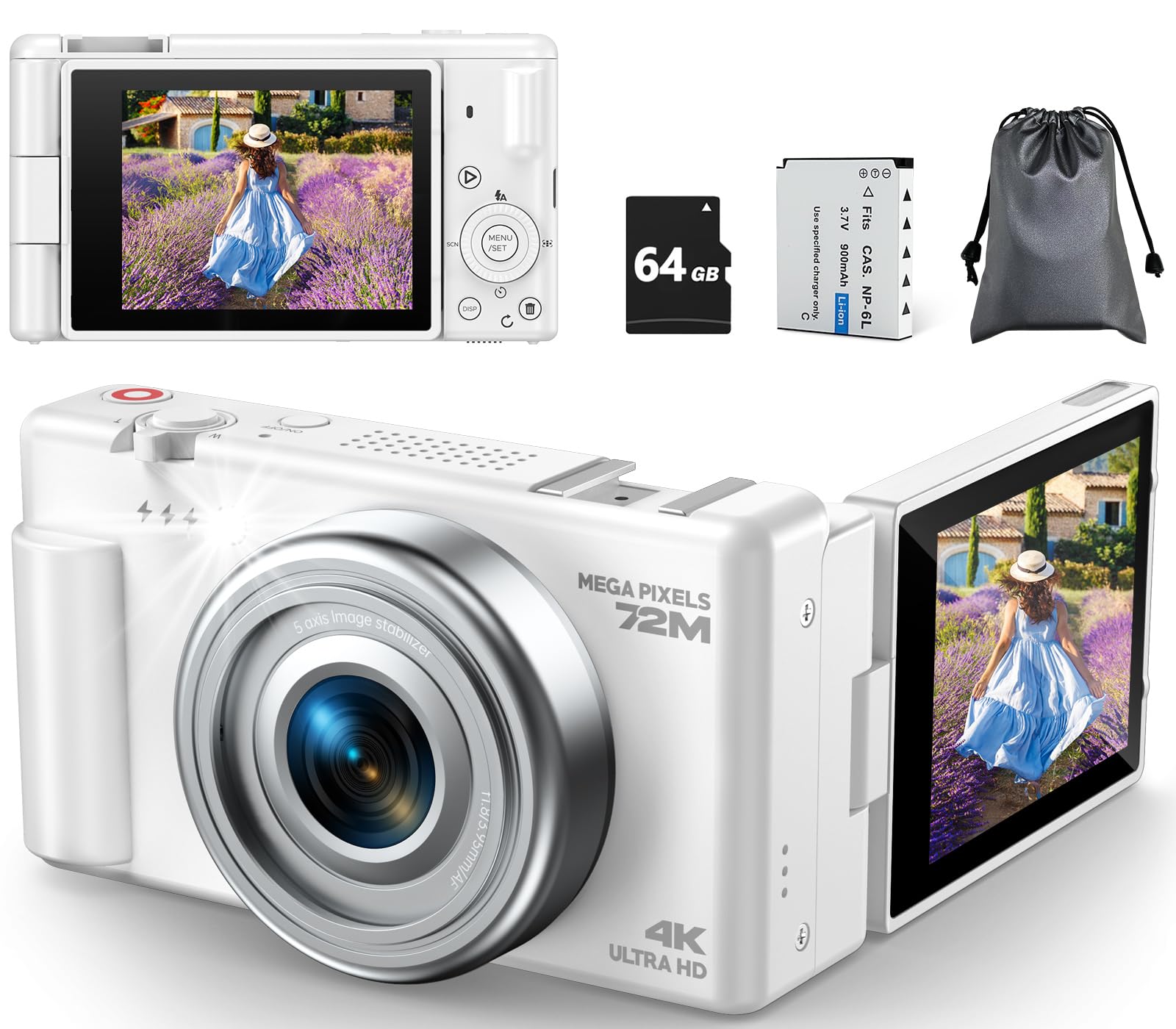 Cámara Digital 4K, Vlog Cámara de Fotos Antivibración con Enfoque Automático de 72MP 18X Zoom, Pantalla Flip de 270° Camara Digital Compacta con Batería Tarjeta de 64GB para Fotografica Principiantes