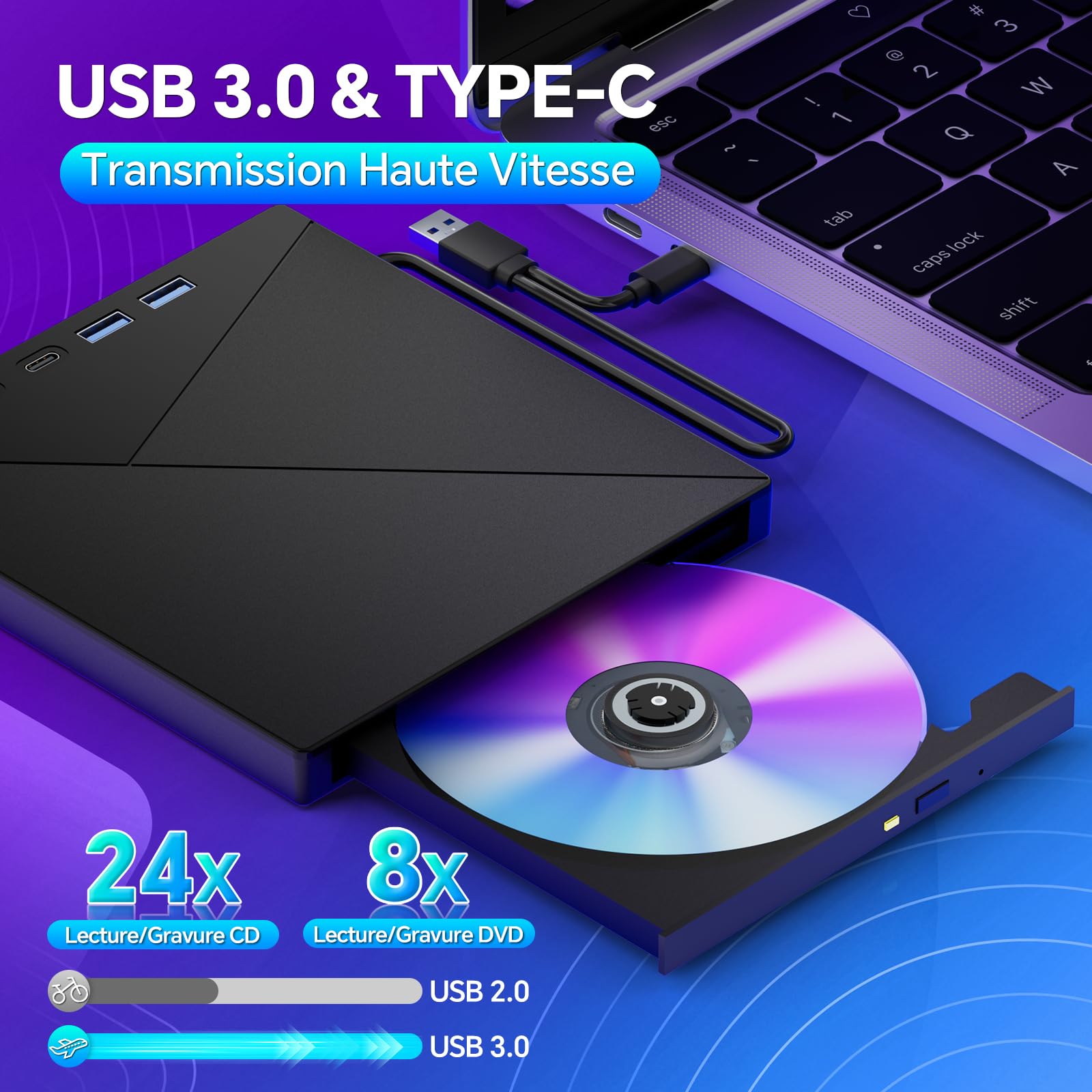 Lecteur CD/DVD Externe pour PC, USB 3.0 Mince Portable Graveur Enregistreur et Type-C CD DVD +/-RW, avec Lecteur de Cartes SD TF, Compatible avec Windows 11/10/8/7,Linux, Mac et PC | Interface USB 3.0 et Type-C et lecteur de carte SD/TF et Hub USB Compati