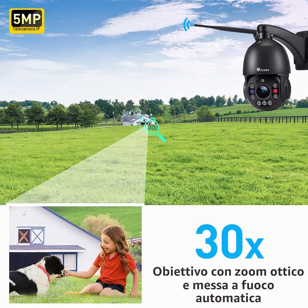 Ctronics 5MP 30X Zoom Telecamera Wi-Fi Esterno, IP Videocamera Sorveglianza 5/2,4Ghz e 150M Visione Notturna, Telecamere Rilevazione Umana/Auto Tracking/Zoom, Bluetooth/PC/Cloud, Metal, IP66