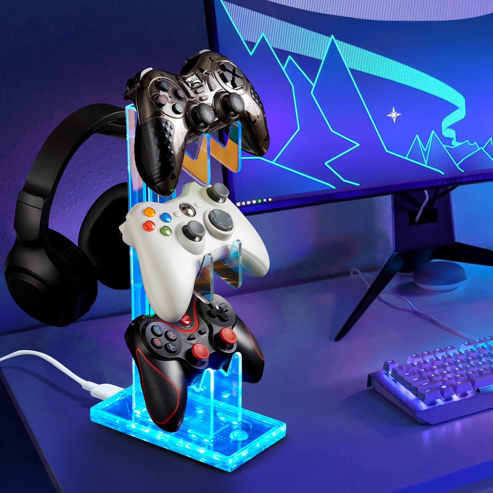 Supporto per controller di gioco con luce colorata in acrilico per cuffie, con 3 modalità, 7 colori, porta di ricarica USB per PS4, PS5, PC, design universale (3 livelli con luci)