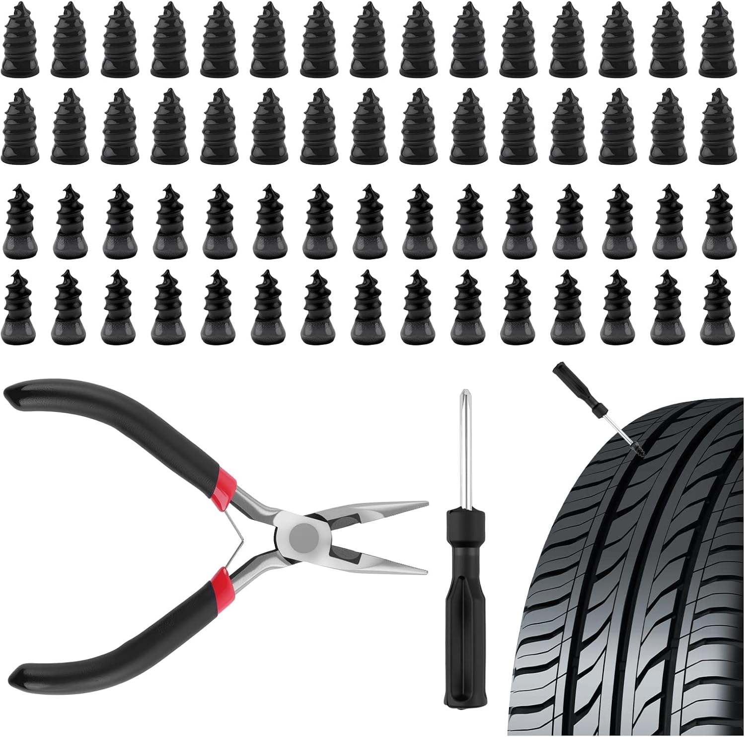 Figpade 60PCS Screw-in Tire Plugs Kit with Pliers & Screwdriver - Heavy Duty Rubber Repair for Car, Tractor, Motorcycle Punctures
