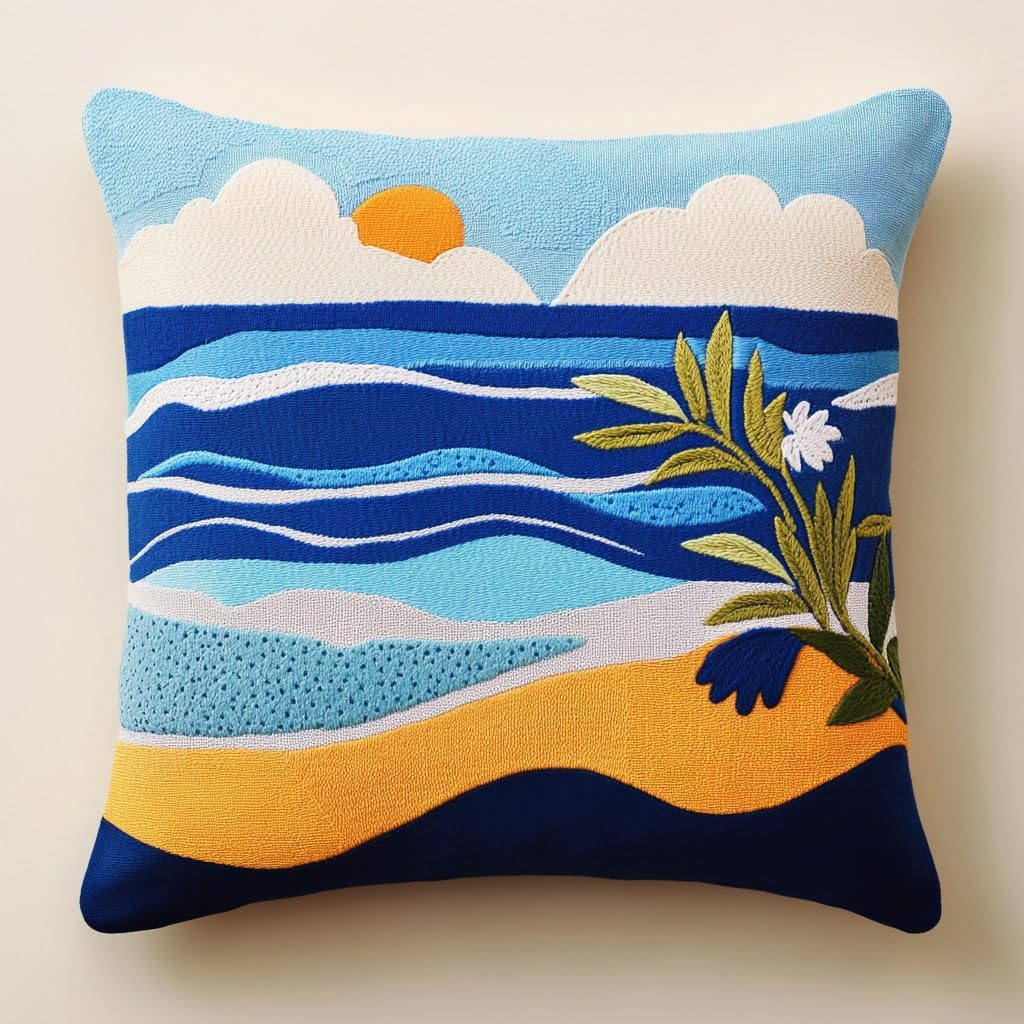 DIY Punch Needle Pillow Kit Seaside Scenery Beach with Pattern and Hoop Handmade Embroidery Punch Needle Starter Pillowcase Set for Home Sofa Decor 43x43cm-1-1