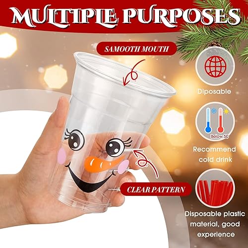 Miniatura 10 de Zhehao Juego de 50 vasos de plástico de Navidad transparentes desechables a granel con tapas y pajitas, árbol de Navidad de Papá Noel, muñeco de