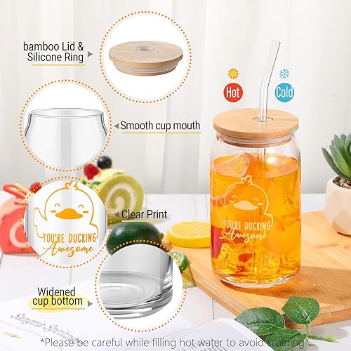 Miniatura 3 de Tioncy Vaso de vidrio reutilizable con tapa y accesorios de pato para regalo inspirador con temática de pato, regalo inspirador para amantes de los