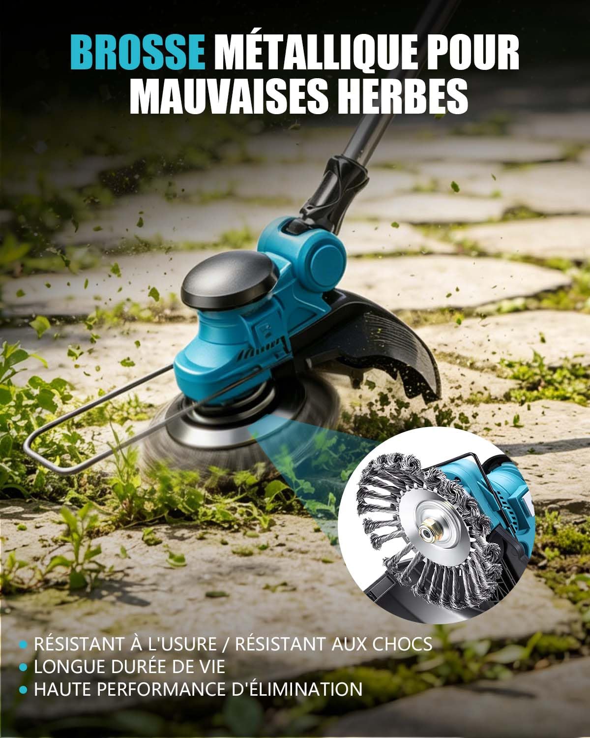 Debroussailleuse Electrique sans Fil 1000W avec écran LCD, Coupe Bordure sans Fil avec 2 Batterie 4,0 Ah et 4 Lames, Debrouissalleuses Batterie avec Roues Latérales pour Tondre Le Jardin (Bleu)