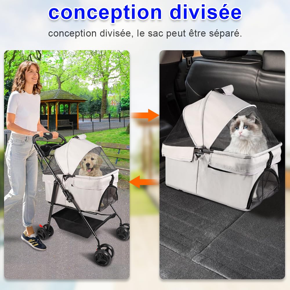 Passeggino per cani 3 in 1, pieghevole, cestino portaoggetti, ruote resistenti all'usura a 360 gradi, finestra in rete, passeggino per cani e gatti, fino a 10 kg (grigio (staccabile), 50 x 65 x 99 cm)