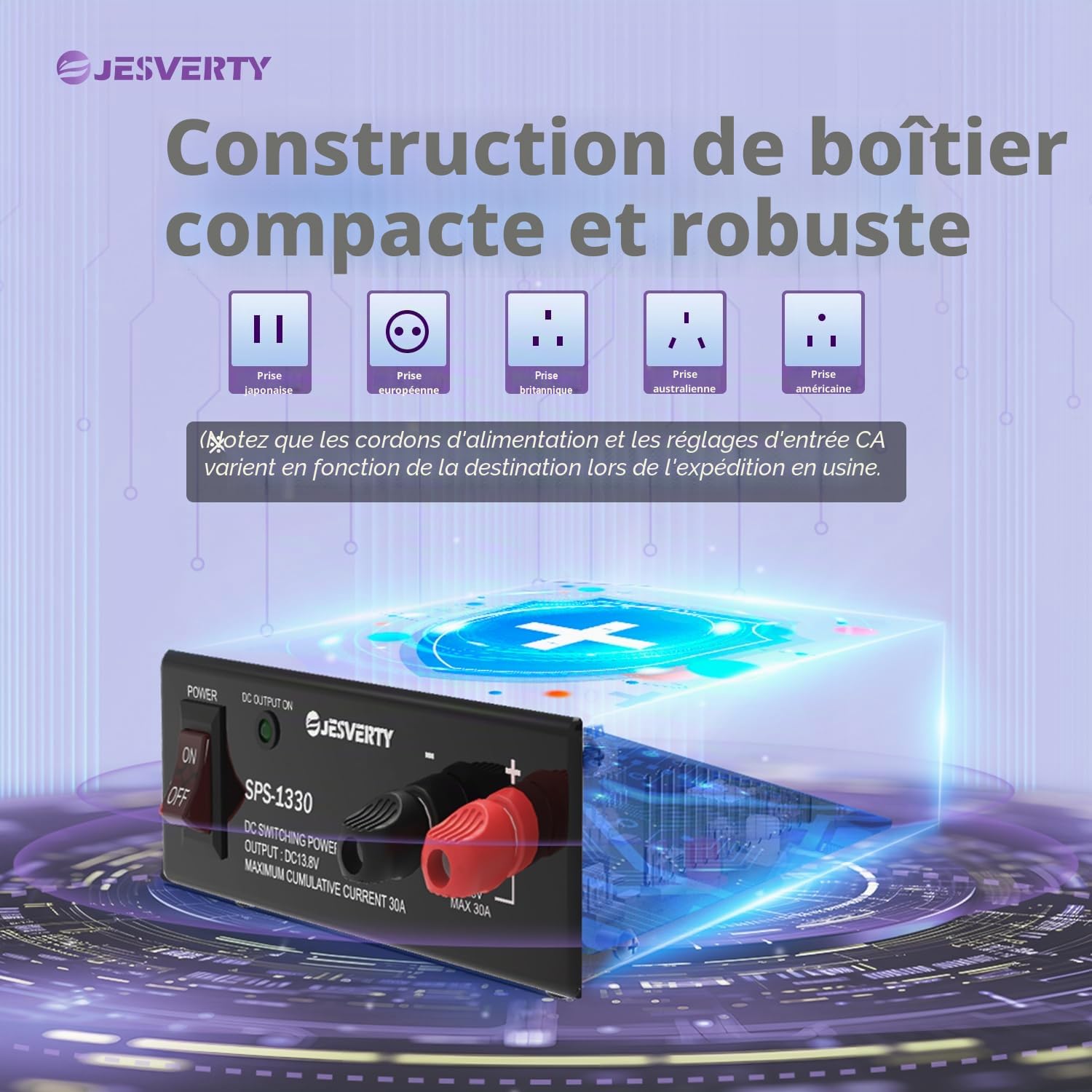 Jesverty SPS-1330 Alimentation Compacte Universelle 30A 13,8V AC-DC Convertisseur pour Banc