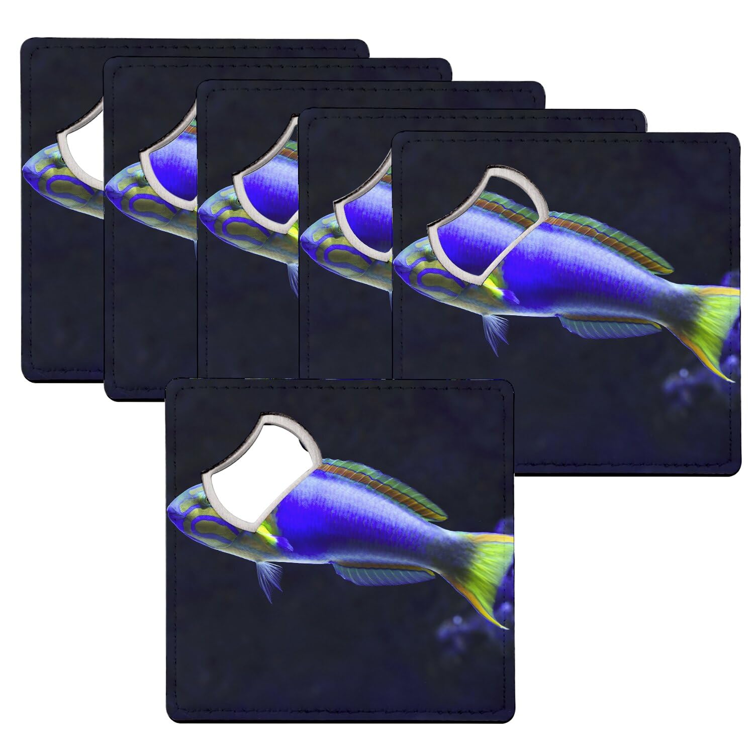 Sous-verre décapsuleur poisson d'eau de mer bleu jaune, déco de table marine 9x9cm