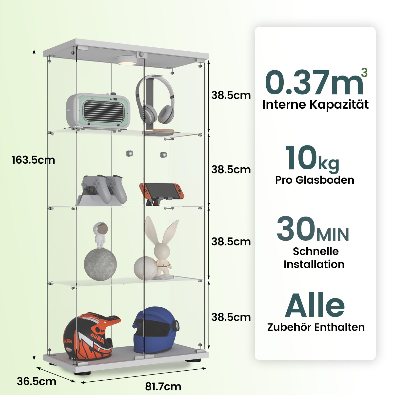 Aplancee Glasvitrine mit LED, 4 Ebenen und 2 Türen, 164x36,3x80,5 cm, Weiß