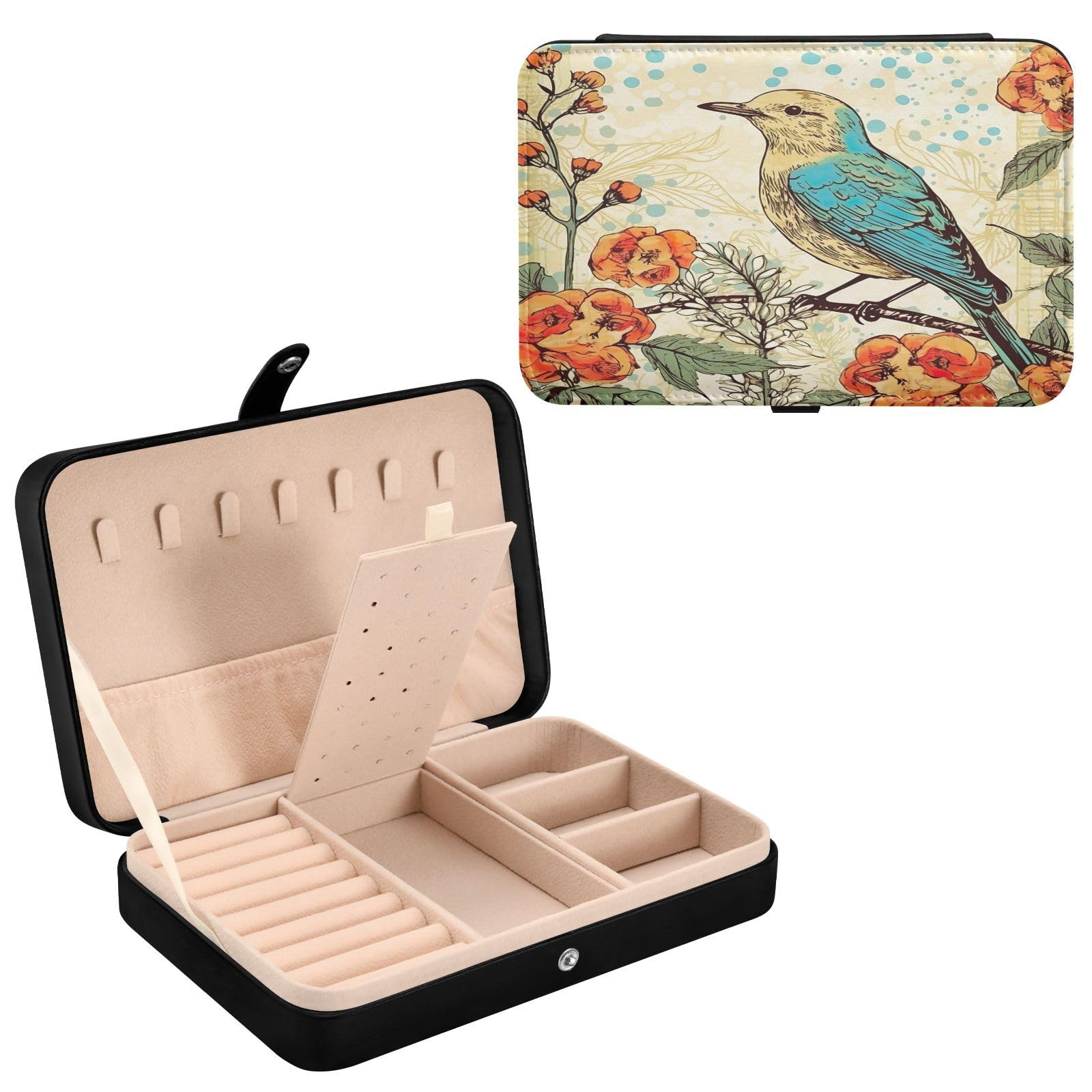 Haskirky Vintage Bird Jewelry Box Portable PU Leather Travel Jewelry Organize for Women Jewelry Storage Display Holder for Ring, Necklace, Earring