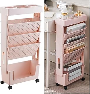 Mobile Bookshelf on Wheels, 5 Tier Multi-Functional Movable Storage Book Shelves Rolling Utility Cart with Lockable Casters for Study Office Deskside Book Shelf (Color : Pink)