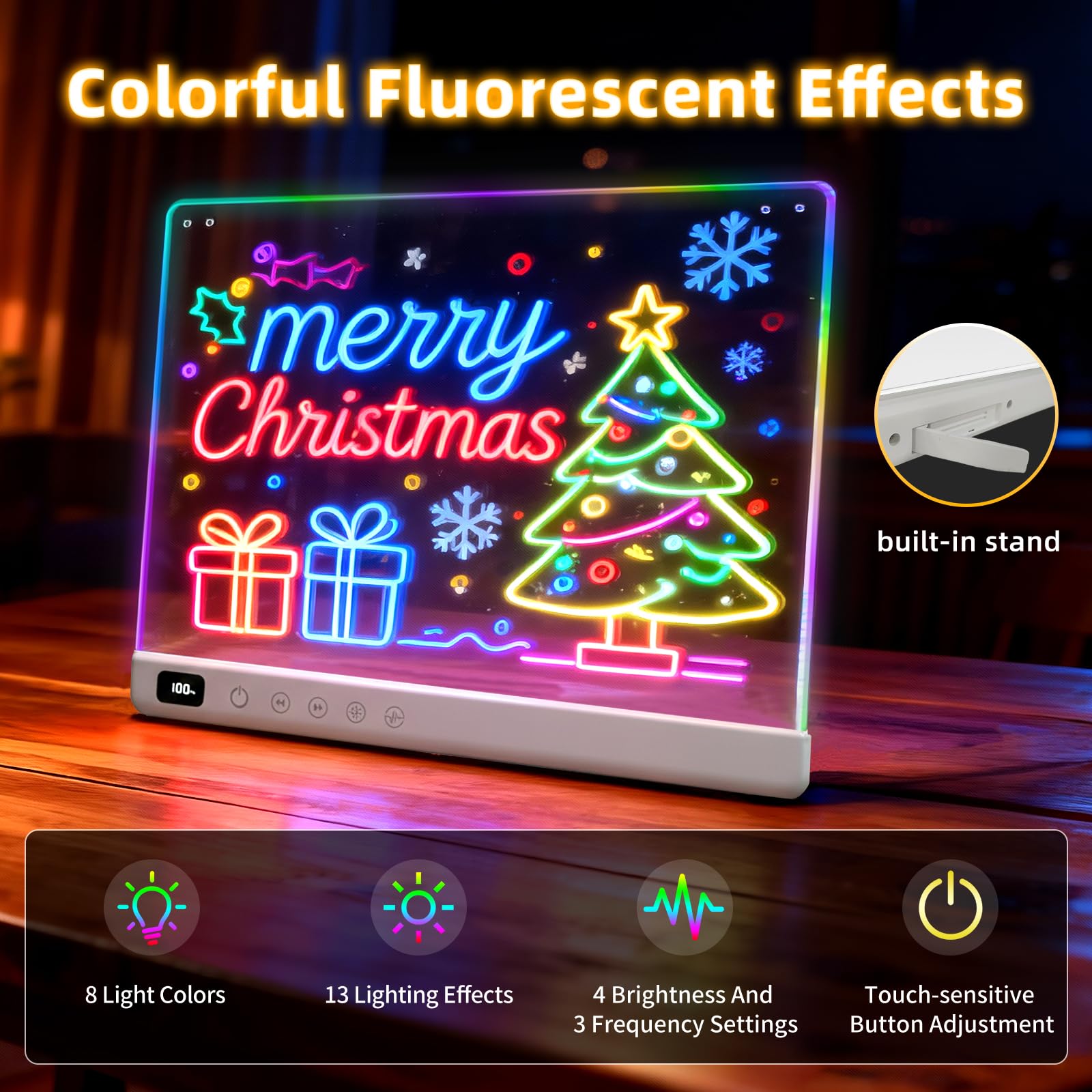 Tableau lumineux LED à notes avec couleurs, Ardoise lumineuse LED pour enfants rechargeable, 13 couleurs, 35x25 cm, inclut adaptateur, chaîne de suspension et support, Tableau à notes en acrylique