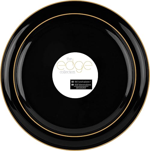 PLASTICPRO El juego de 40 platos combinados incluye platos de 20 a 8.6 pulgadas y platos de 20 a 10.6 pulgadas, platos de plástico negro con diseño