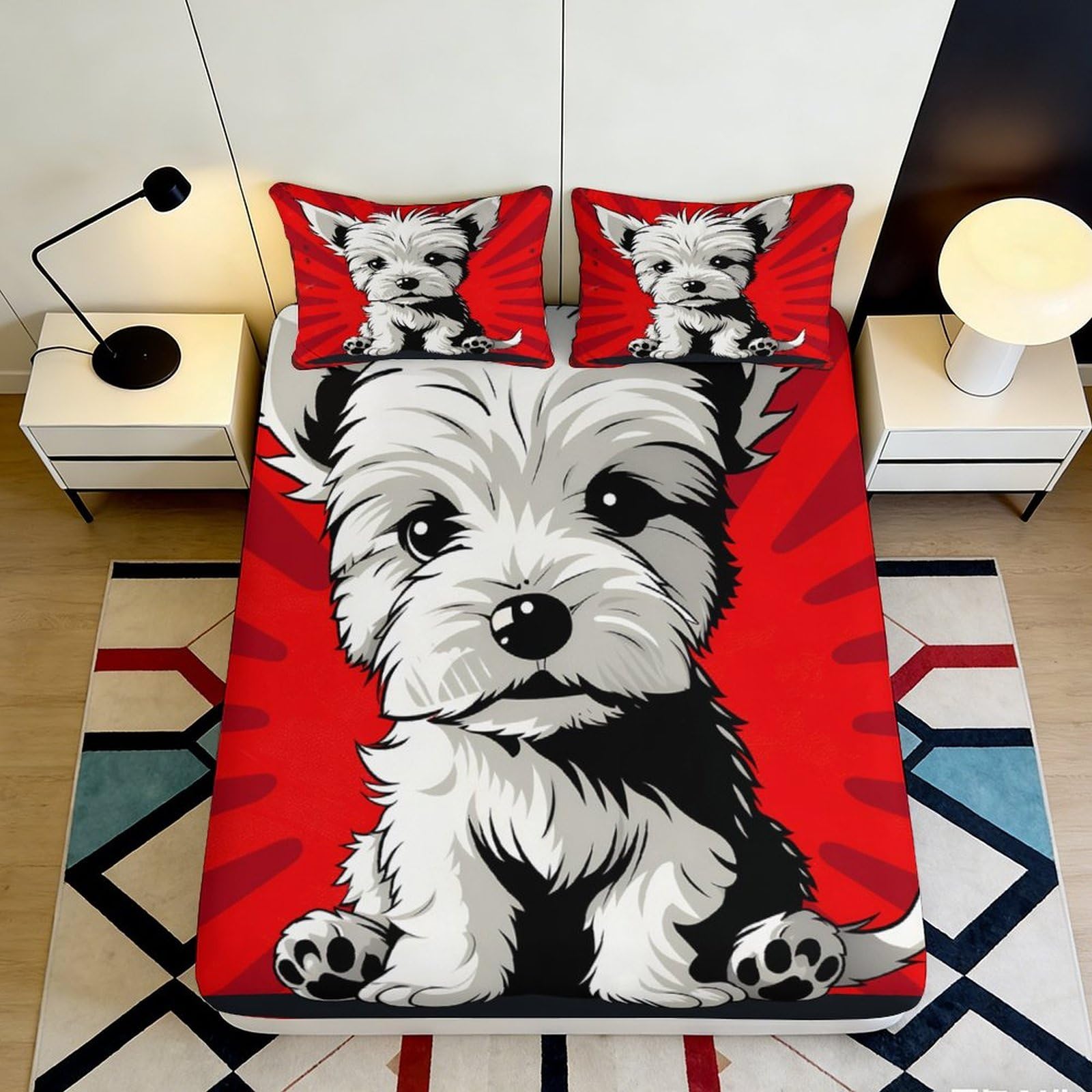 3D Printed Cartoon Dog Fitted Sheet Microfiber Red Puppy Bed Cover Non Slip Easy Care for Bedroom Guest Room Decor 90x200x25cm
