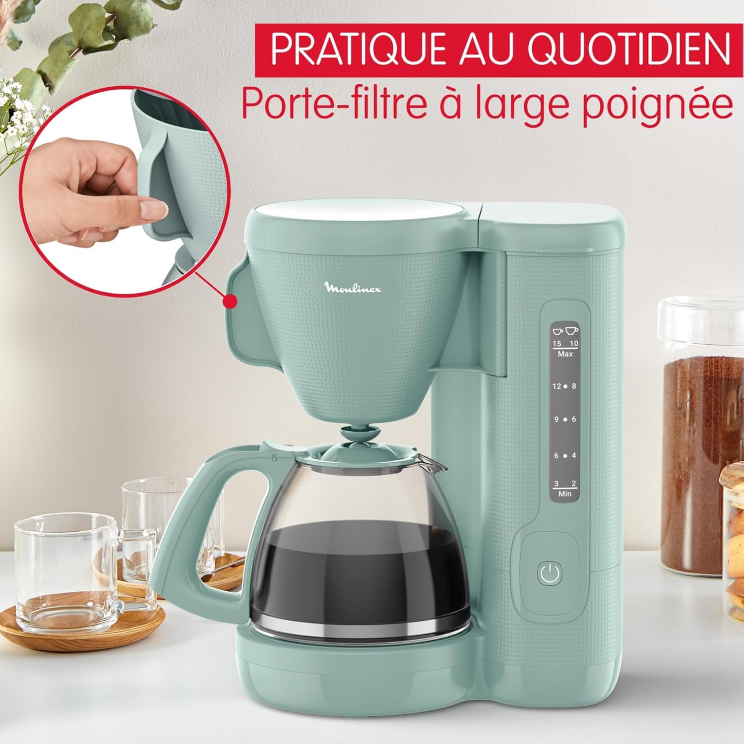 Moulinex Przelewowy ekspres do kawy, 10-15 filiżanek, 1,25 l, obrotowy uchwyt filtra, system zapobiegający kapaniu, utrzymywanie ciepła, Morning, eukaliptus, FG2M1310
