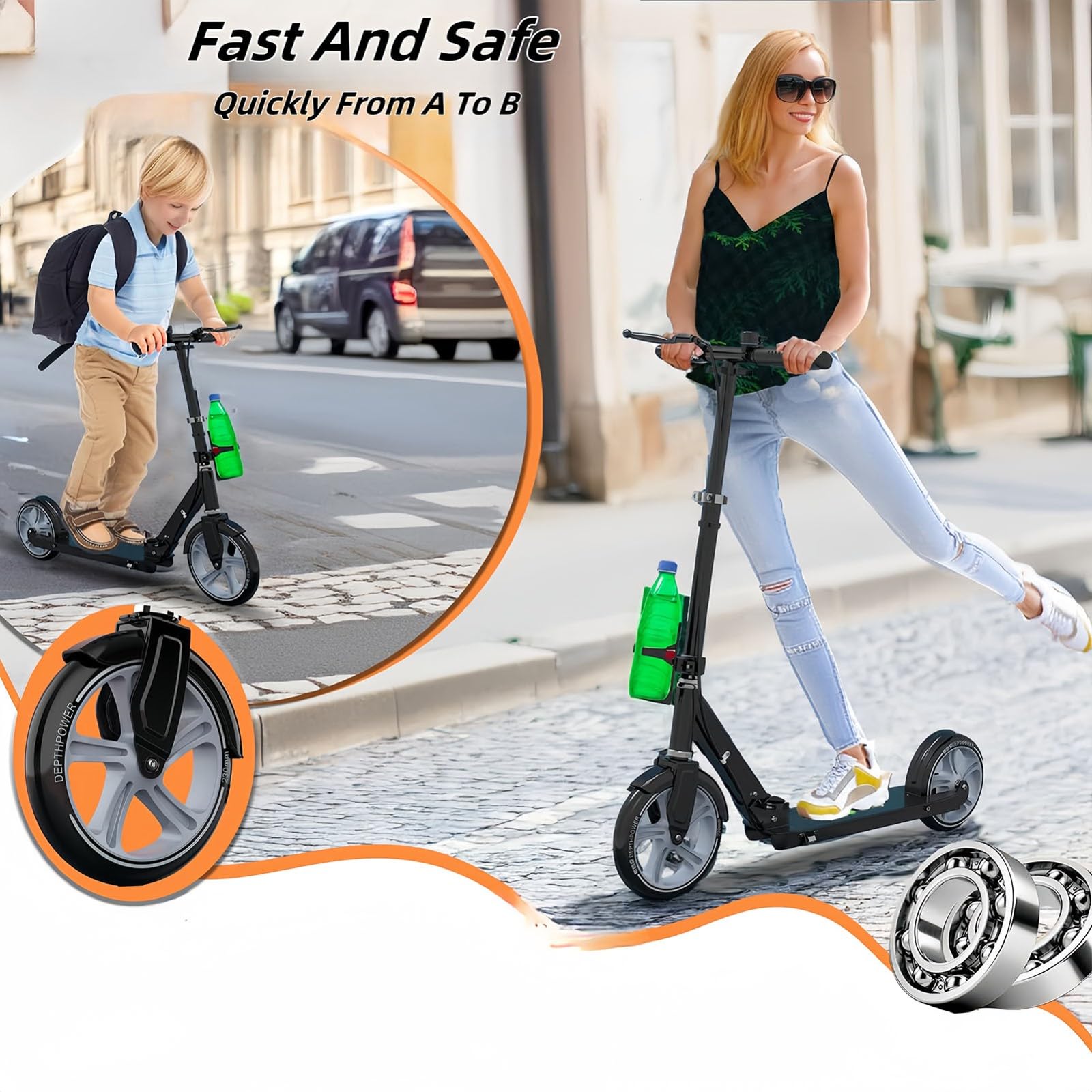 City Scooter Monopattino Per Adulti Ruote Da 230 Mm PU Big Wheel, Pieghevole E Regolabile In Altezza Con Freni E Ammortizzatori, Capacità Di Carico 150 Kg