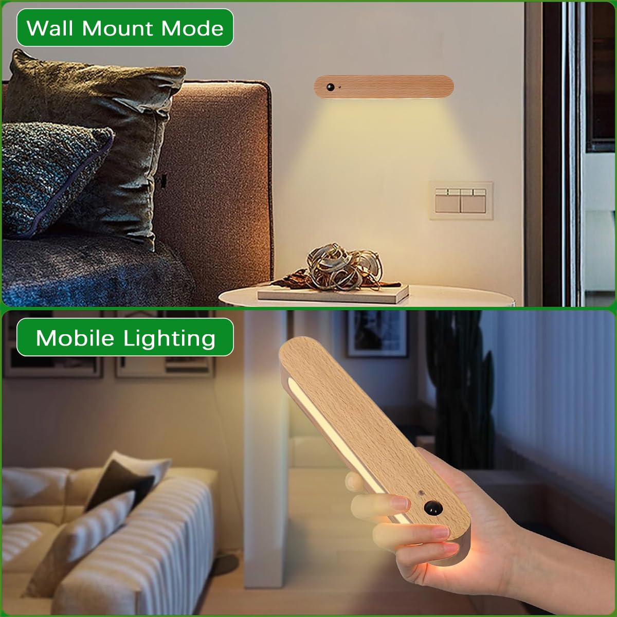 HOTUT Bewegingsmelder Nachtlampje, USB Oplaadbare Wandlamp met Houtnerf (AUTO/AAN/UIT), Magnetische Bedlamp, Plakbare Kastlamp met Magnetische Basis voor Kledingkast Slaapkamer Kast Trap