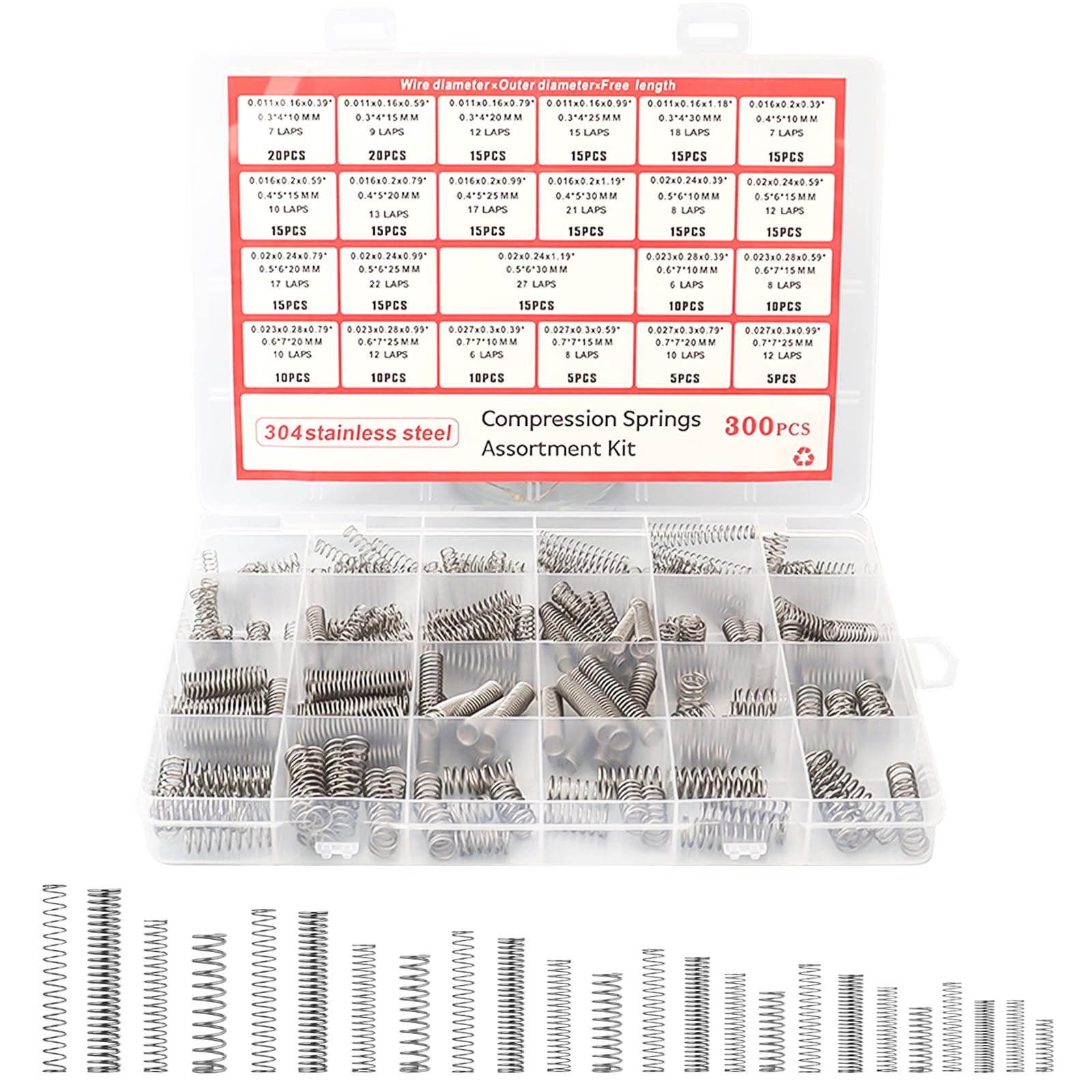 Kit Muelles de Compresion Acero Inoxidable 304 300 Piezas 23 Tamaños Resorte Comprimido