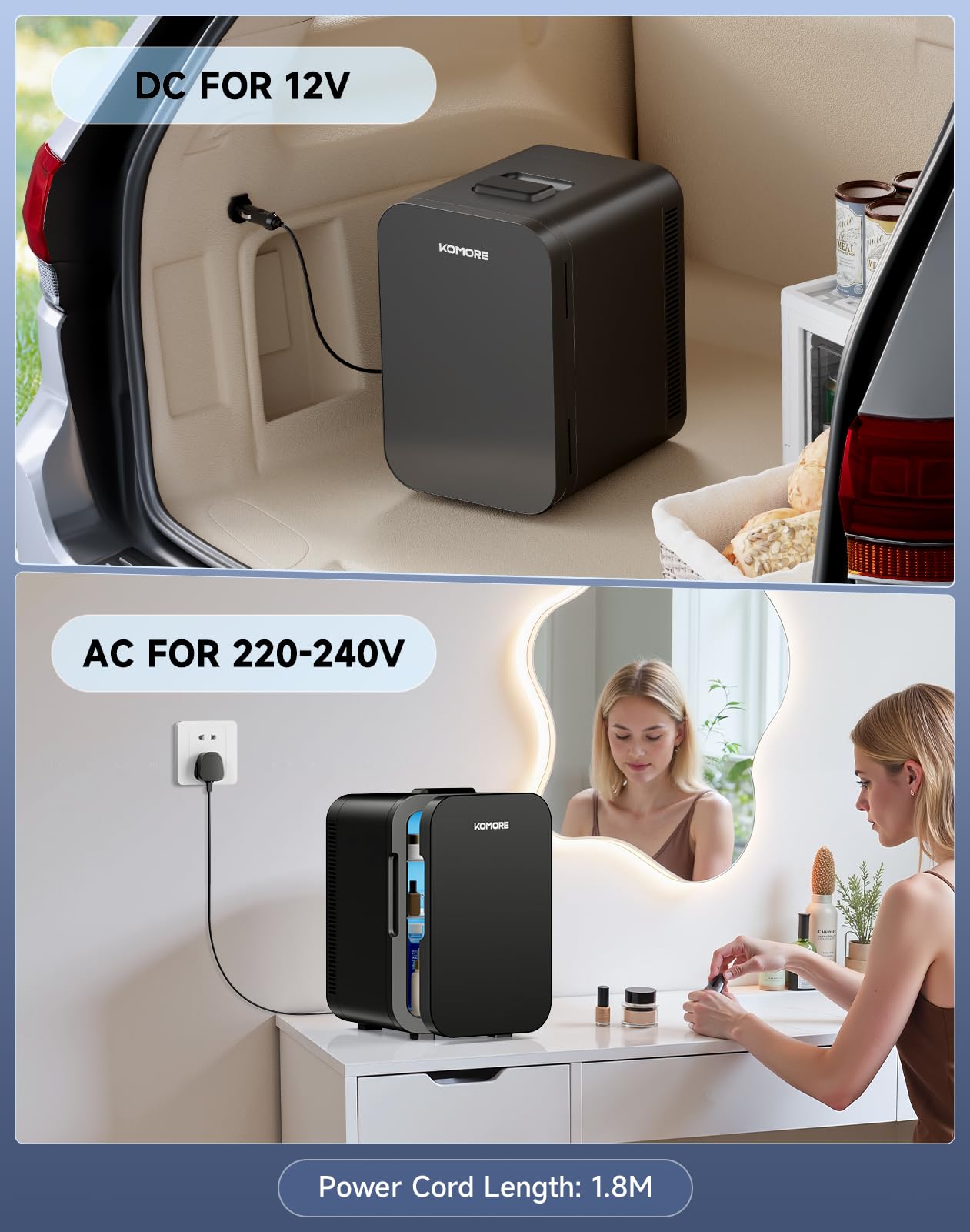 KOMORE Mini Fridge 18 Litre, 20 Cans Mini Fridge for Bedrooms with Handle, Portable Small Refrigerator, Cooler & Warmer for Drinks, Car, Travel, Cosmetics/Makeup/Skincare, AC+DC Power (Black) — view 6