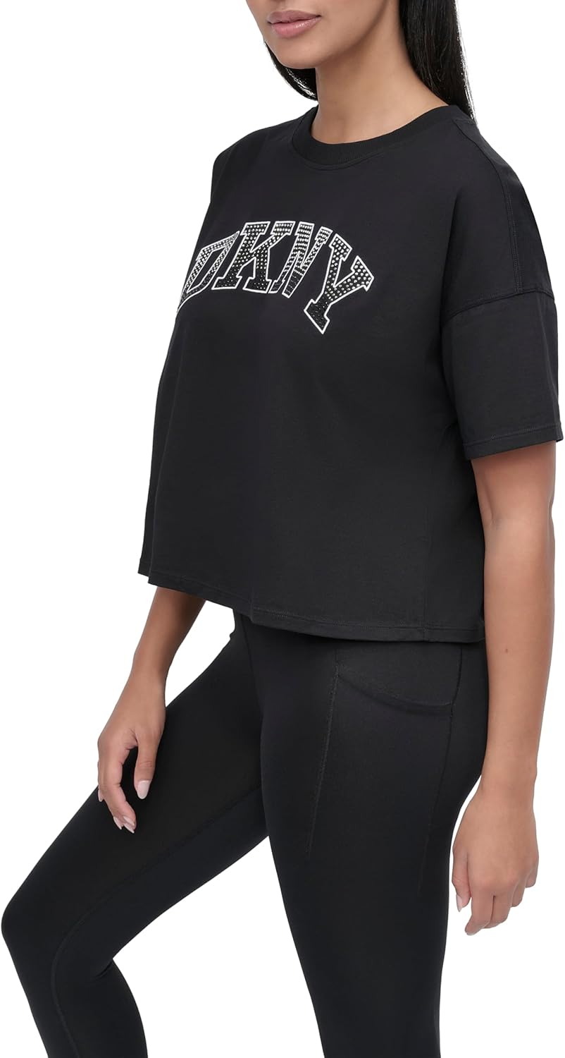 DKNY Womens Rhinestone Logo Short Sleeve Cropped Loose Fit T-Shirt - Image 3