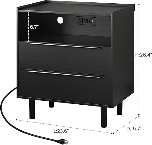 Miniatura 2 de Juego de 2 mesitas de noche negras modernas con estación de carga oculta, puertos USB, orificio para cable, bandeja superior y 2 cajones, mesitas de