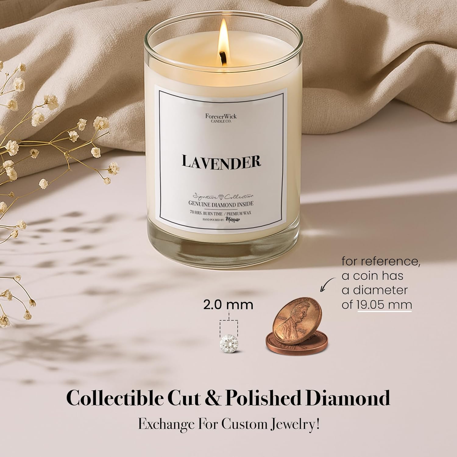 Lavender & Magnolia Surprise Candle with Diamond Inside | Foreverwick Candles | Scented Soy Candles Gifts for Women Aromatherapy Candle Wax | Romance Candles All-Natural Organic Soy Candle 14oz | 70h