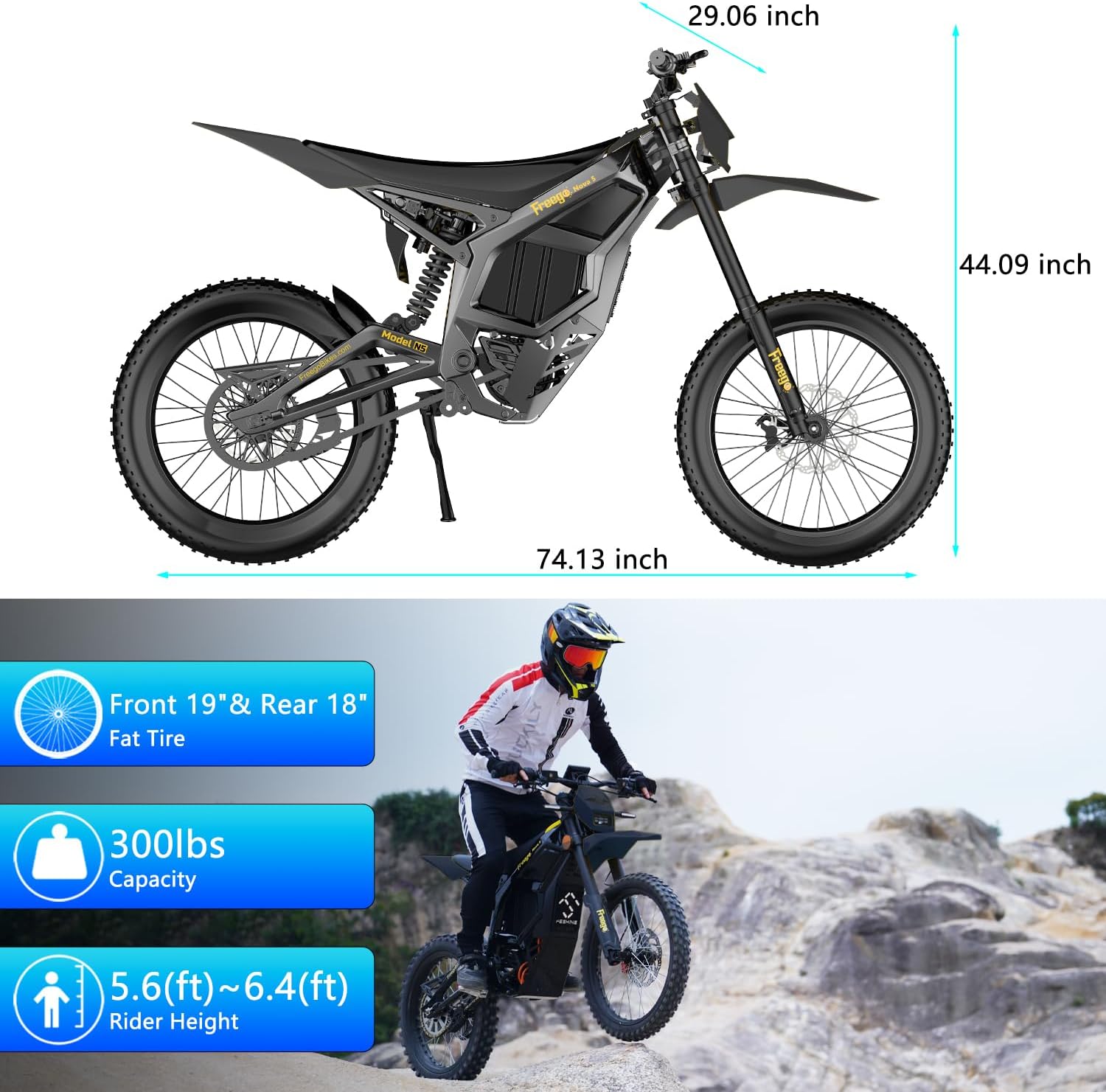 Freego N5Pro Electric Dirt Bike,Mid-Drive Motor,72V/40AH/15000W(Peak),62MPH Electric Motorcycle Bike for Adults,19”/18” Tire, 380N.m Max Torque 4-Piston Hydraulic Brakes 4 Hours Fast Charging