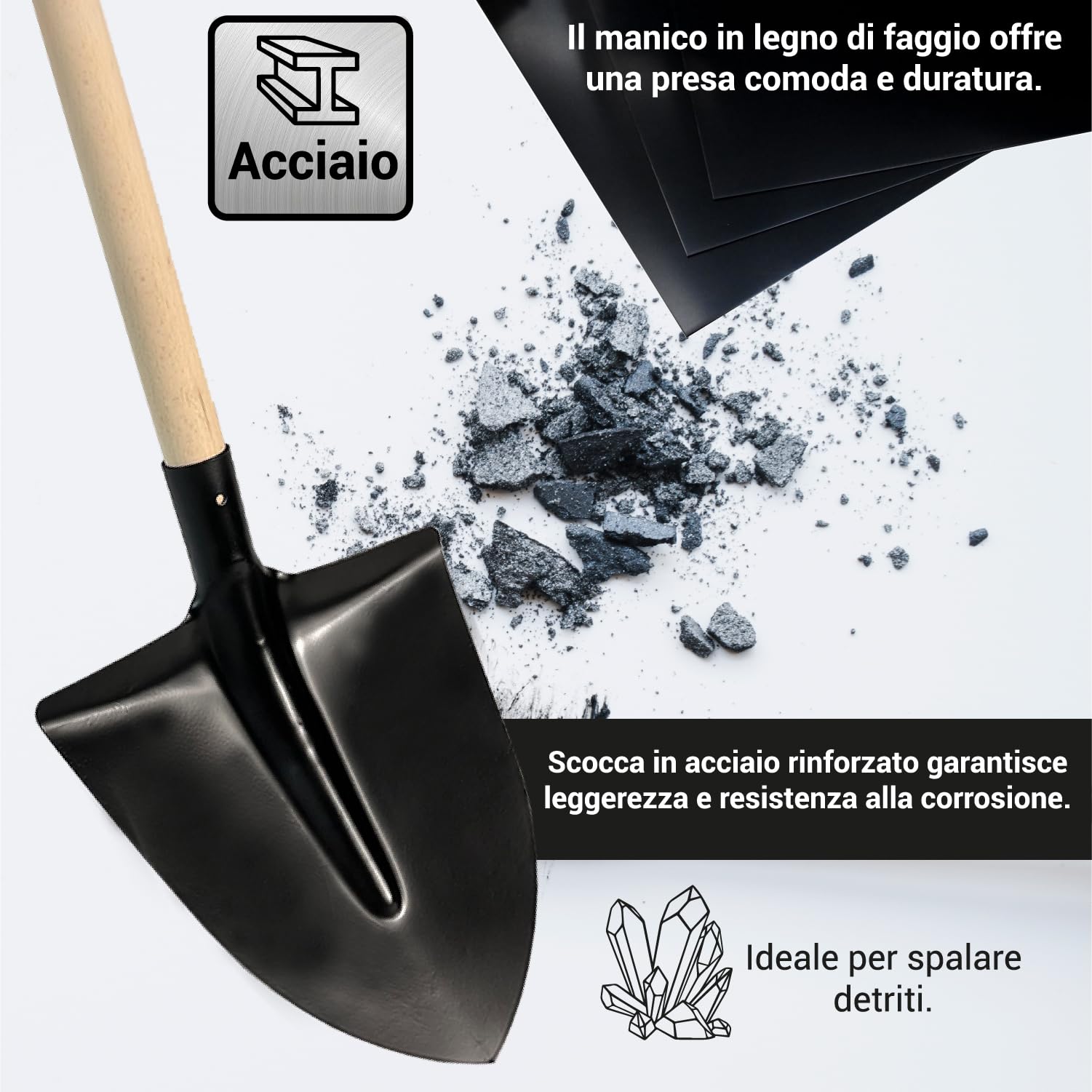 Crisalide® Set d'outils Pelle et Picone – Pelle en acier renforcé 40 x 29 cm avec poignée hêtre 135 cm + pic 47 cm en acier trempé – outils de creusement résistants pour sols durs et rocheux.
