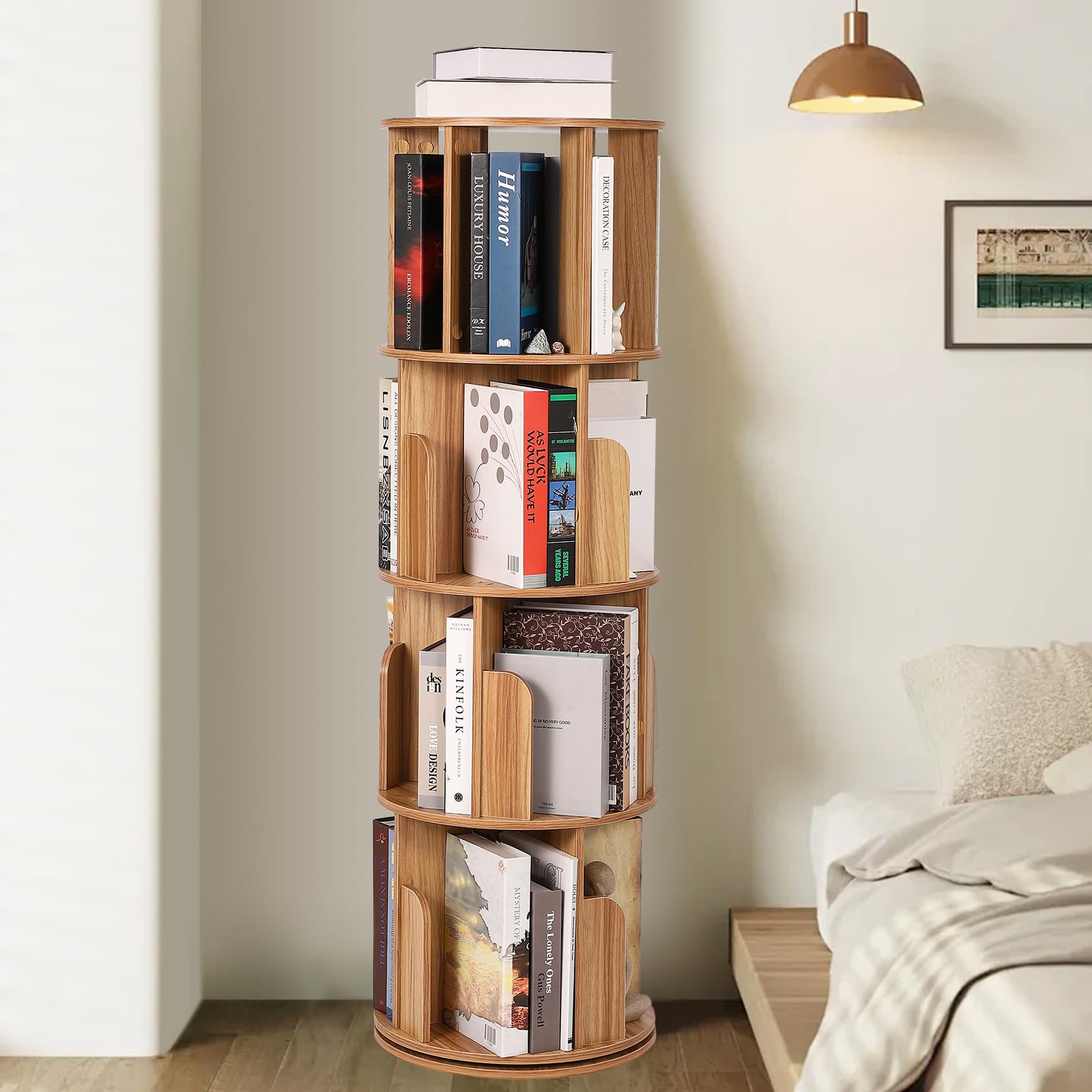 Estantería Giratoria De 4 Niveles Que Ahorra Espacio - Estantería De Madera Giratoria De 360° - Organizador De Estanterías De Esquina De Pie Para Dormitorio, Sala De Estar, Habitación Infantil, Guarde