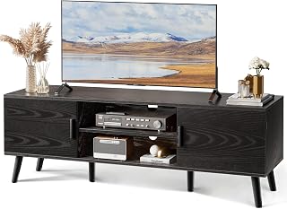 SUPERJARE 55-65 Inch TV Stand Entertainment Center, Adjustable Shelf, 2 Cabinets, Solid Wood Feet, Black Media Console for Living Room