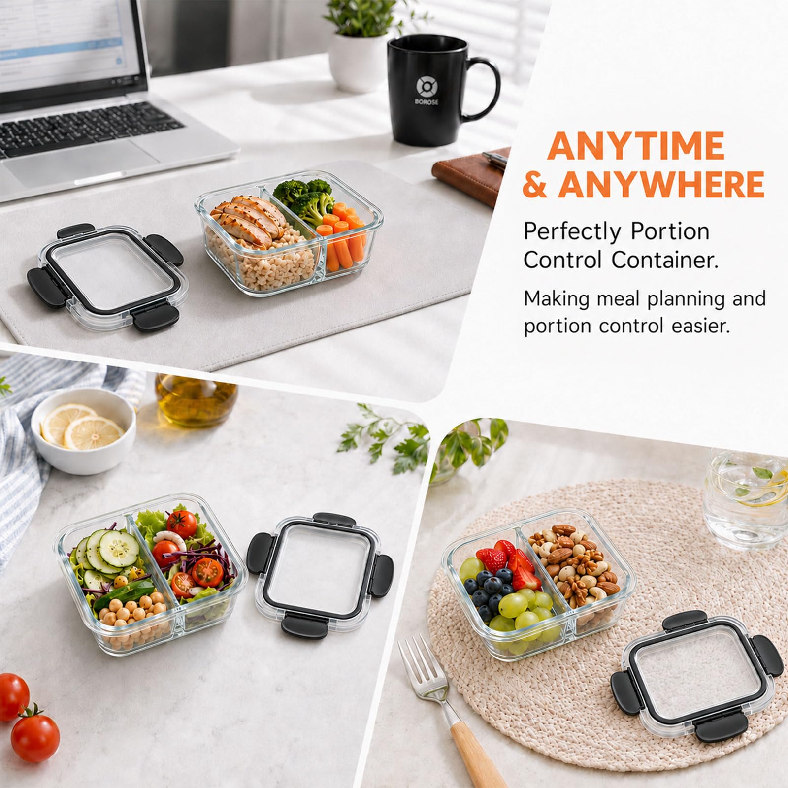 Paquete de 3 recipientes de vidrio para preparación de comidas con tapas, recipientes de control de porciones de 8 onzas para bariátricos, recipientes de vidrio reutilizables con dos