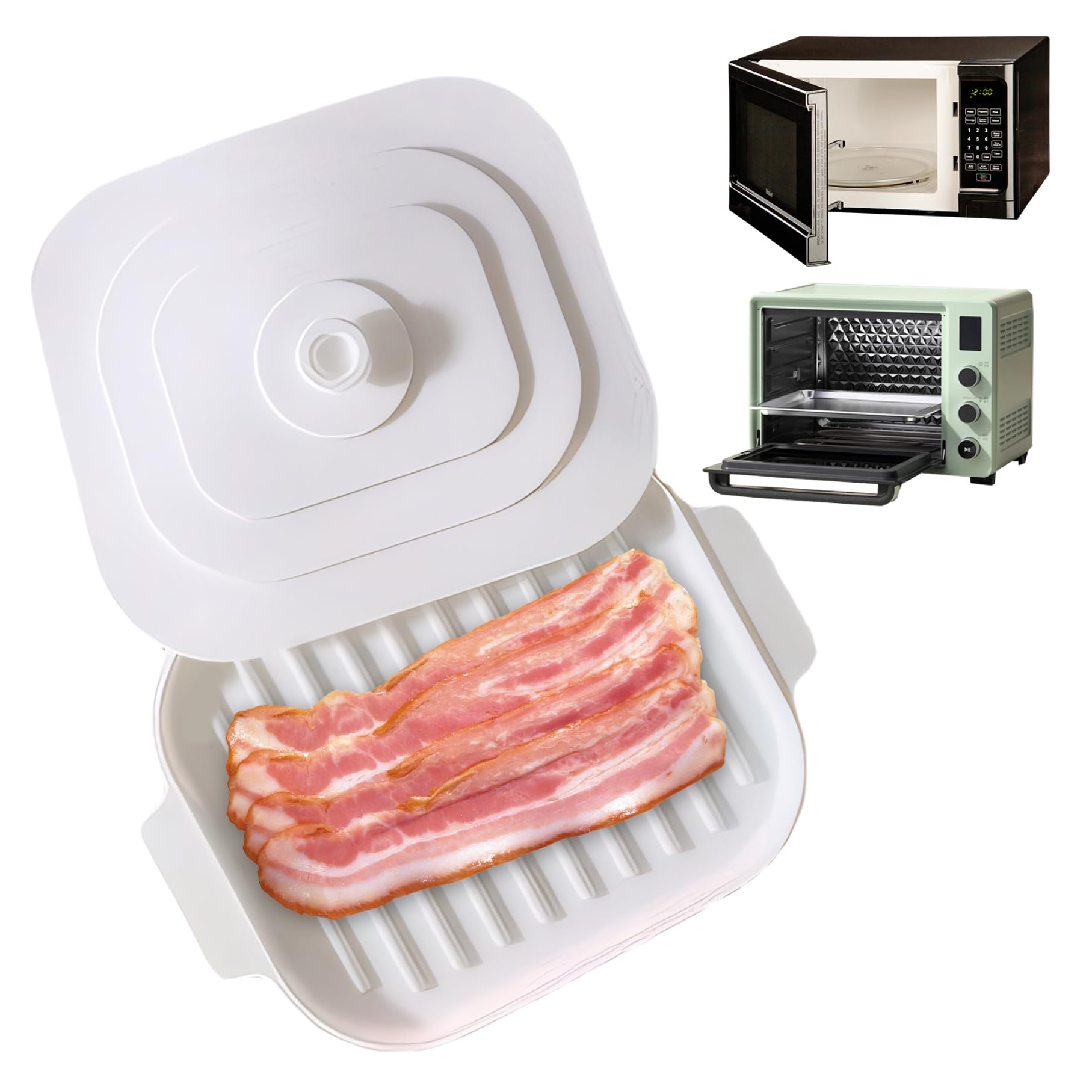 Bacon Cooker 11x8.2x0.8'' Microwave Bacon Tray Safe and Quick Silicone Bacon Pan with Lid ? Handles No Mess Crispy Bacon Tray for Microwave Cooking, Bacon Pan For Oven, Bacon Cooker