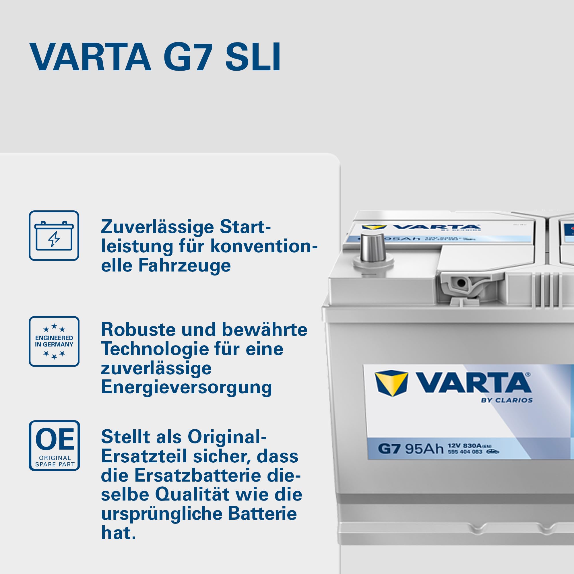 VARTA Automotive DYNAMIC SLI (G7) 12V 95Ah 830A - Nassbatterie KFZ mit Standardausstattung & ohne Start-Stopp System - Starterbatterie für einfachen Energiebedarf - Bleisäurebatterie wartungsfrei | Standardausstattung & ohne Start-Stopp System - Starterba