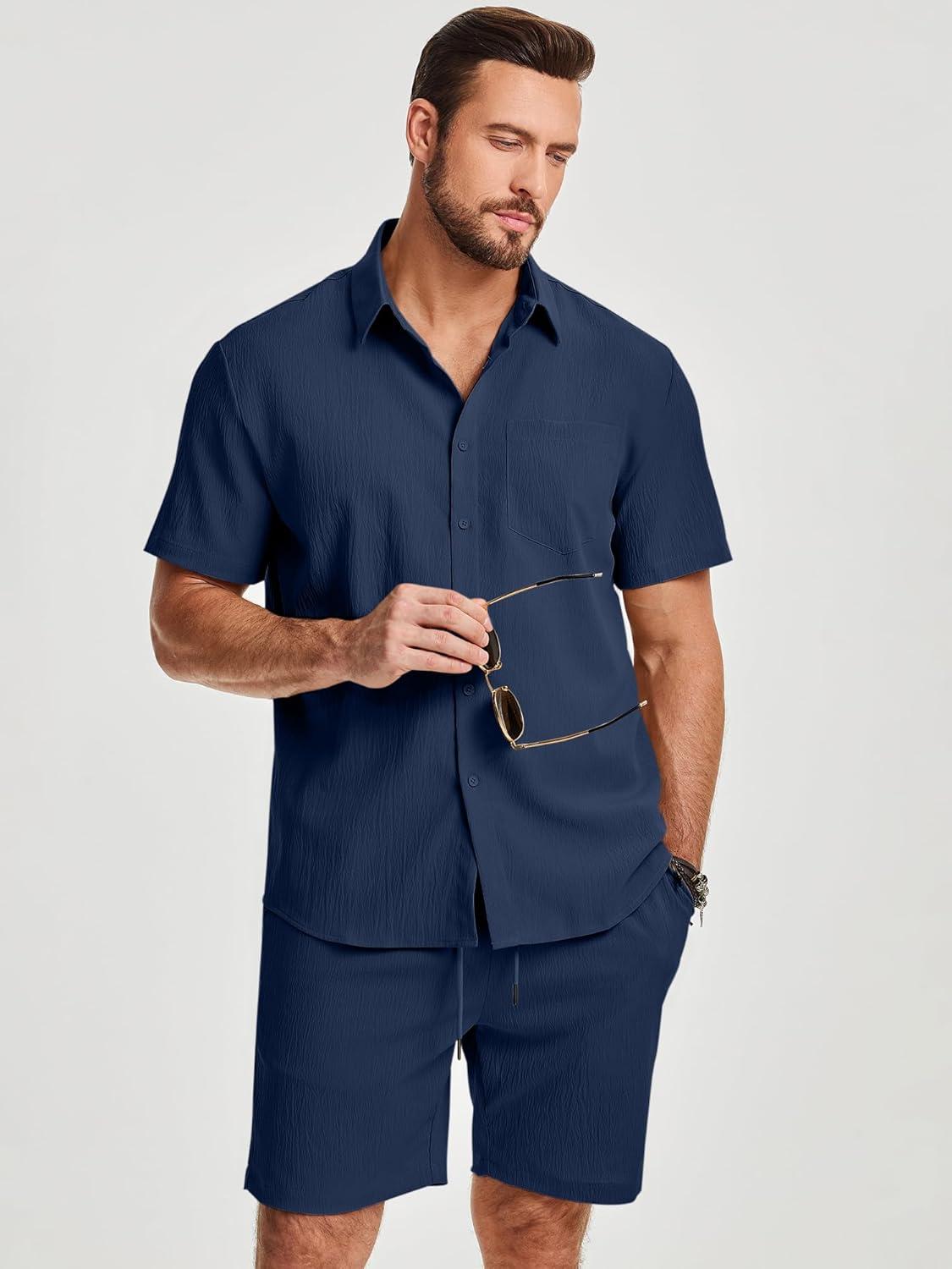 JMIERR Mens 2 Piece Short Sets Short Sleeve Shirts and Shorts Summer Beach Vacation Texture Outfits - Image 2