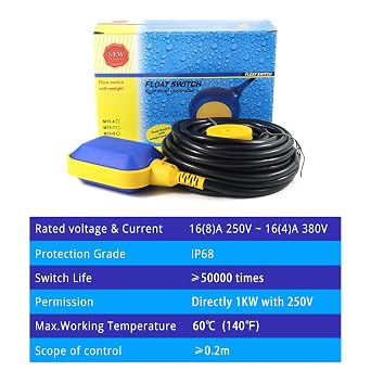 Float Switch, 220V 16A Waterproof Tethered Float Switch & Liquid Level Controller with Cable for Water Tank, Sump Pump, Septic Tank, Pool, Pond, Aquarium(32.8ft(10M))