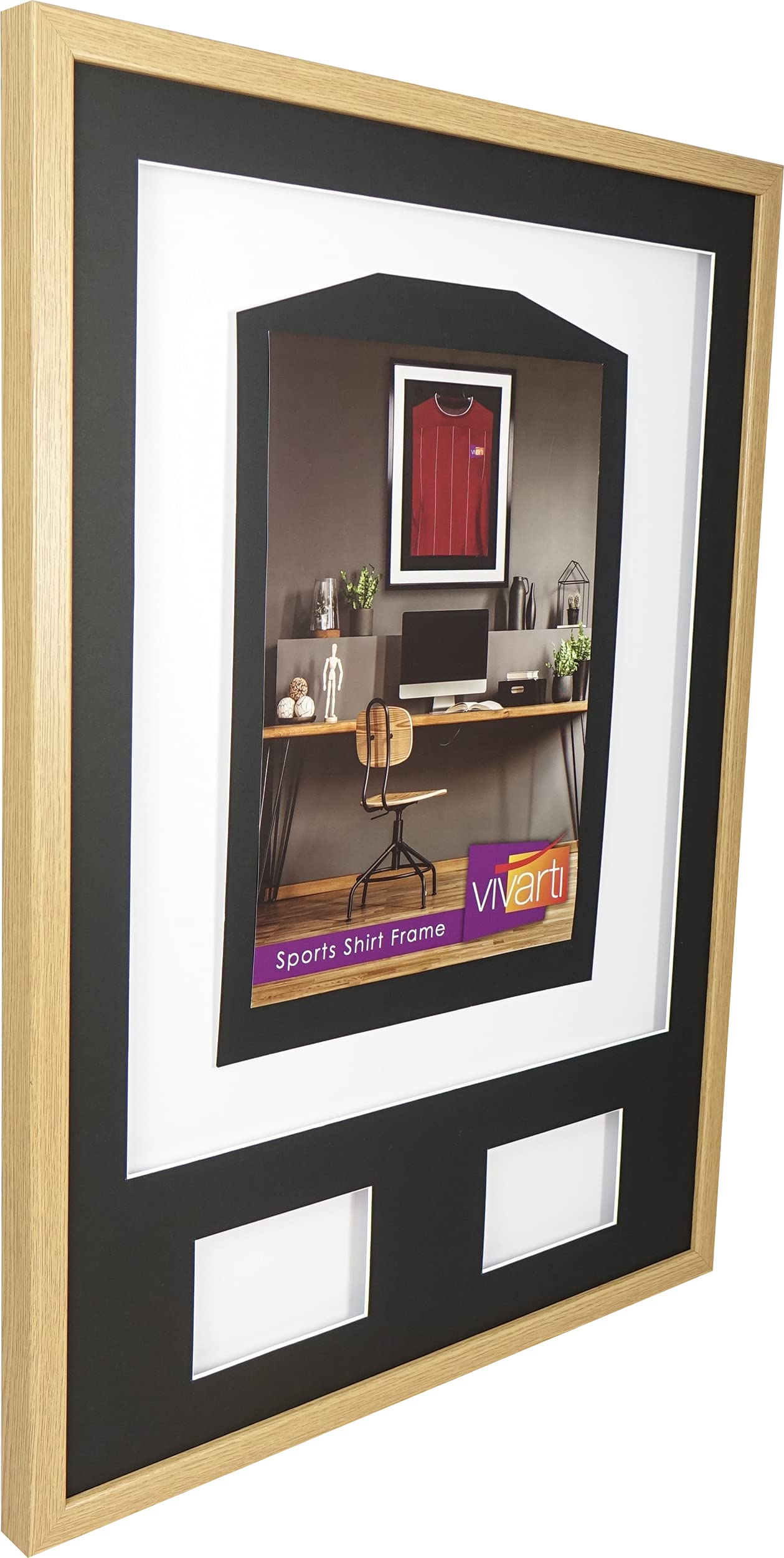 Vivarti DIY Junior 3D montado + marco de visualización de camisa deportiva de doble apertura A1 59,4 x 84 cm - Marco de roble, soporte negro, tarjeta de respaldo blanca