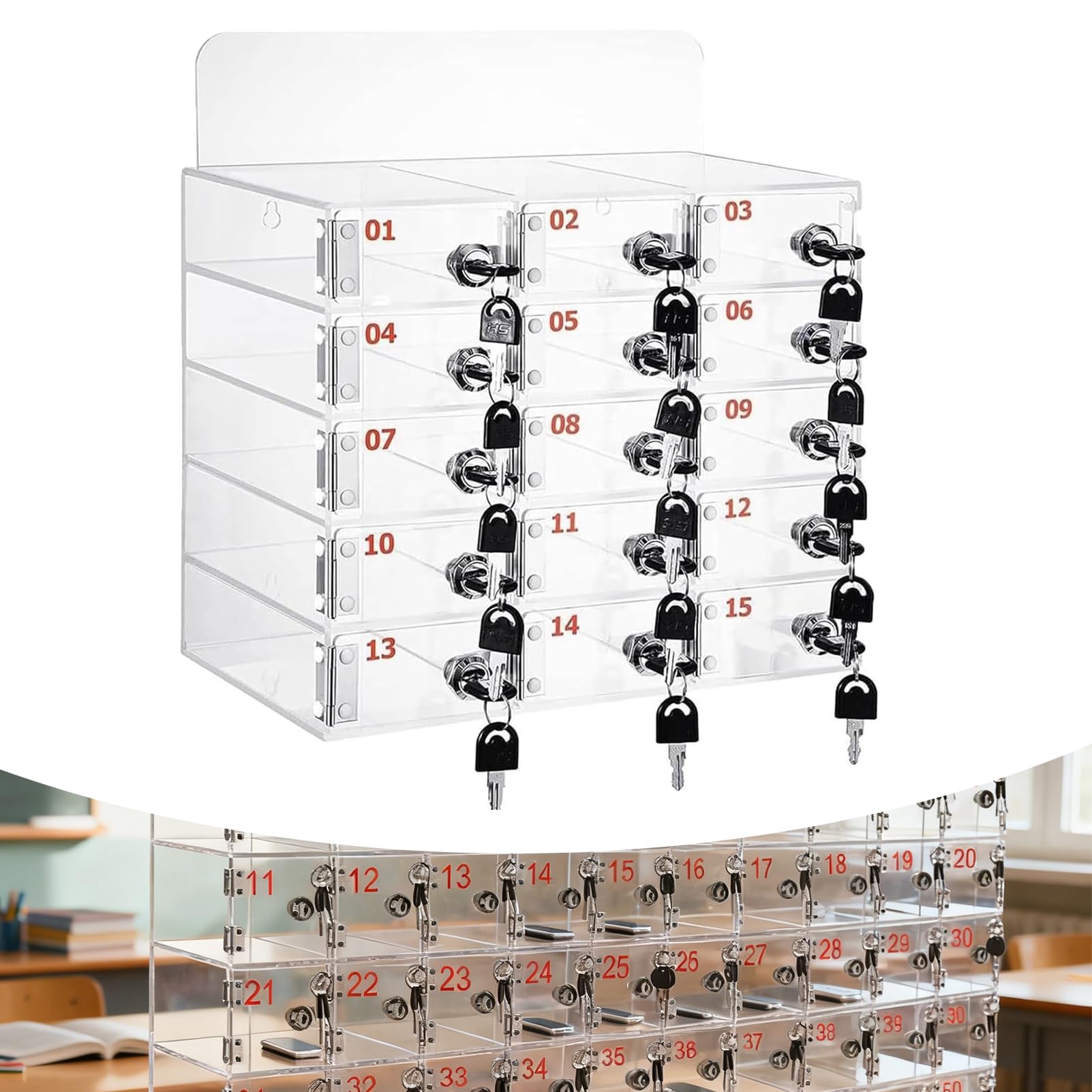 Taquilla acrílica para teléfono con cerradura, montaje en pared para aula, oficina, gimnasio, seguro para teléfono y artículos personales con 15 ranuras