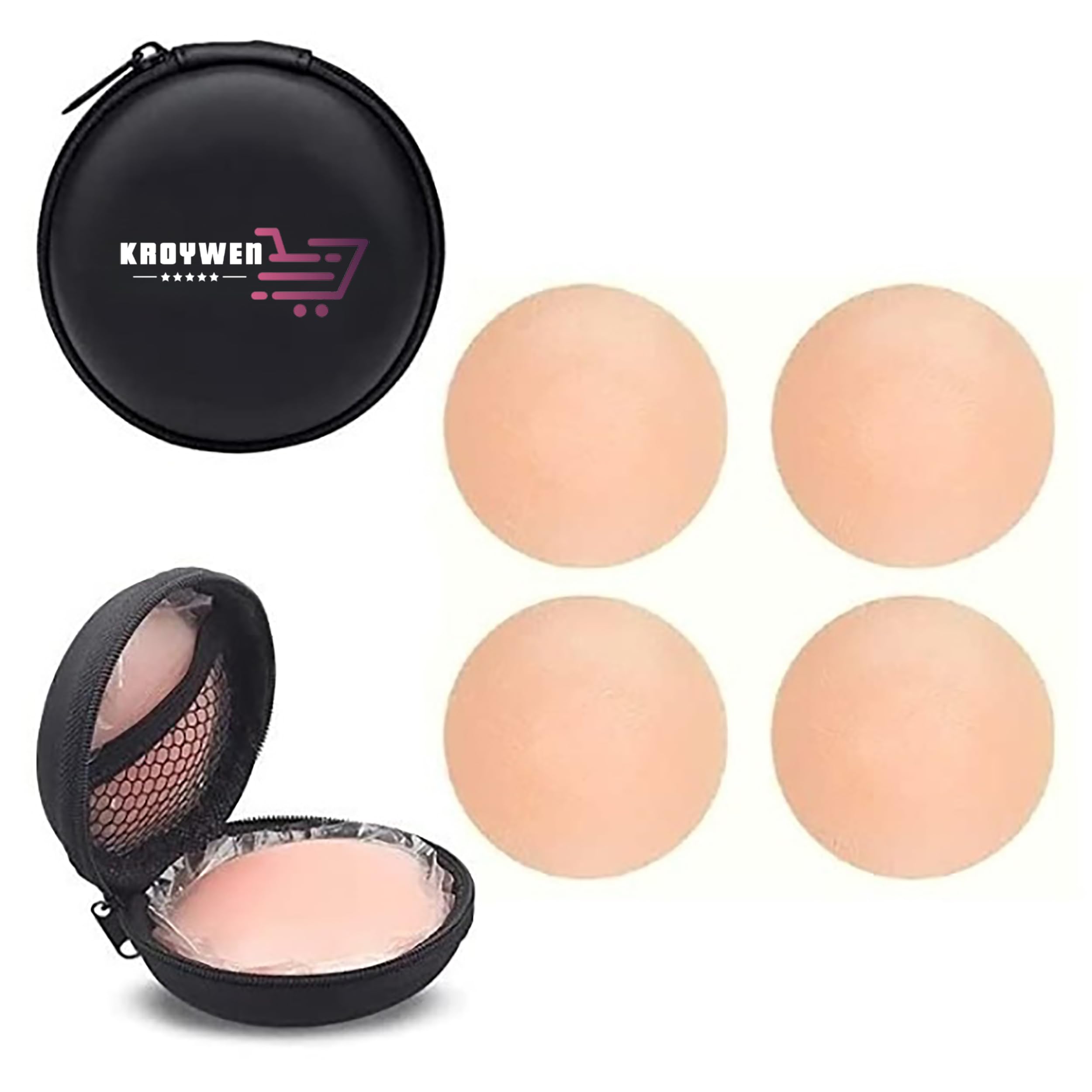 KROYWEN4 Pcs Reusable Nipple Covers with Case | Comfortable & Natural Invisible Self Adhesive Washable Silicone Pasties for Women (Skin Color) with Double Sided Tape 36 Pieces | Silicone Bra Beige