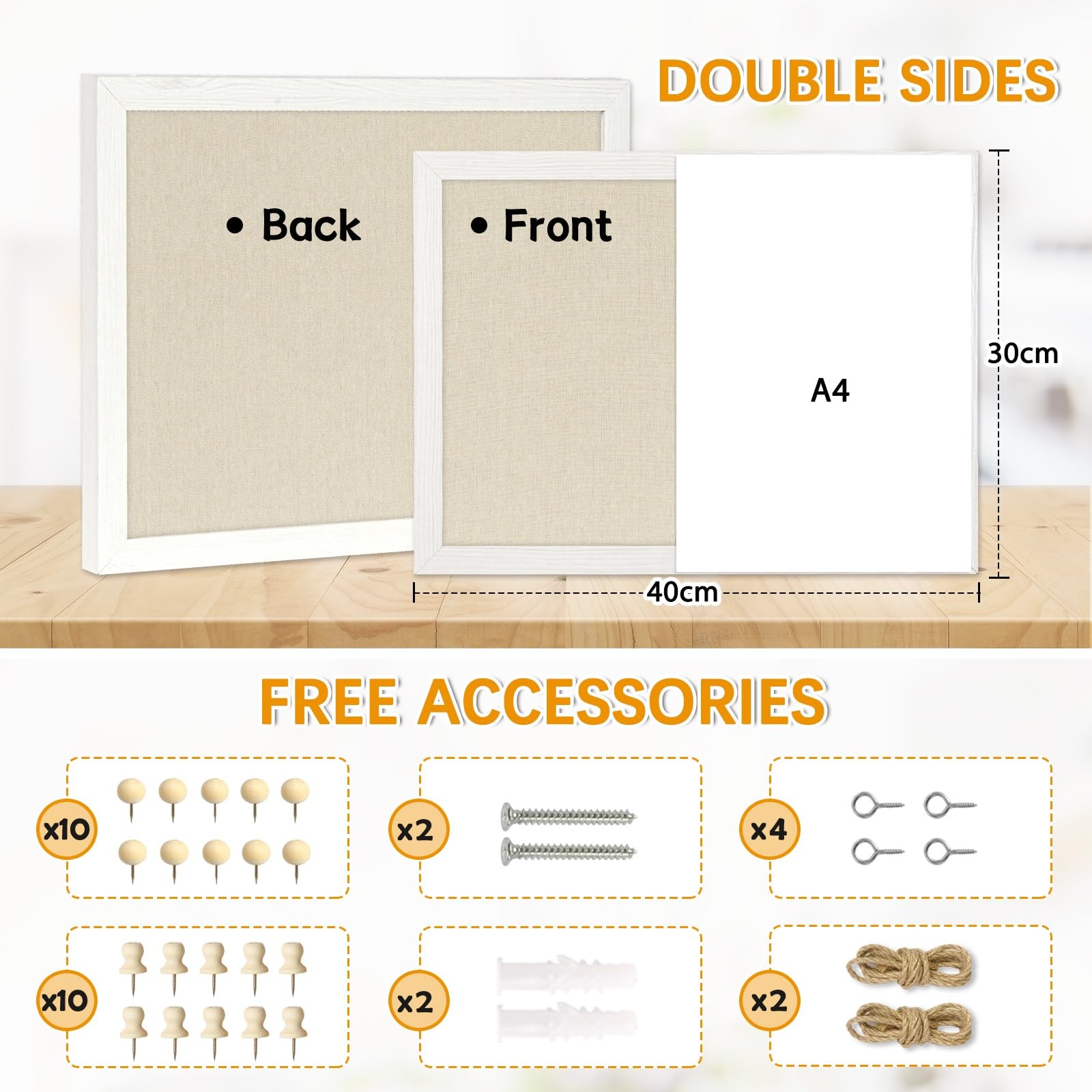 DOLLAR BOSS Korktafel Pinnwand mit Leinen, doppelseitig, 2er-Pack, 30 x 40 cm, kleine Korktafeln für Wände, Holzrahmen, zum Aufhängen, kleine Pinnwand für Zuhause, Küche, Büro, 20 Reißzwecken