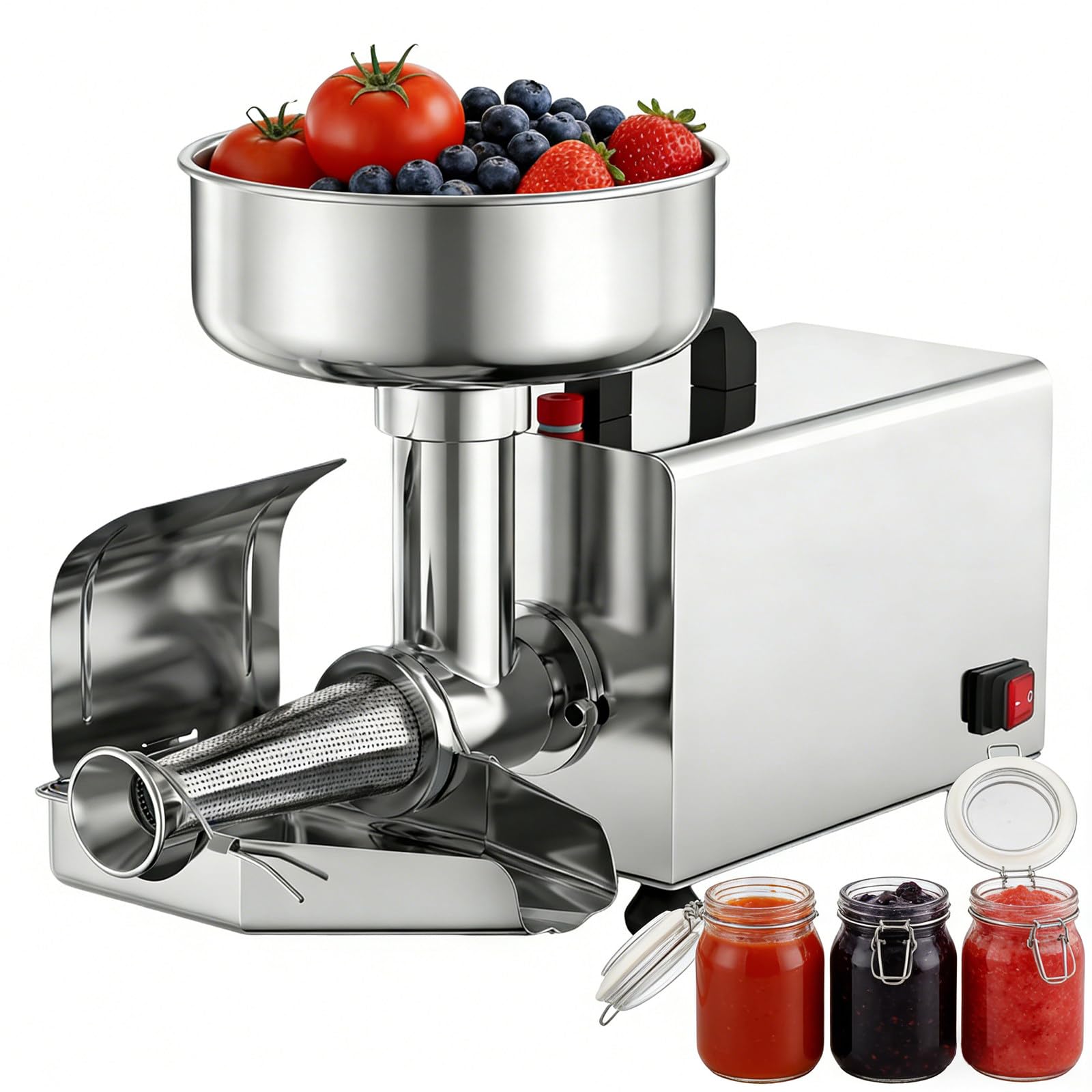 Máquina para hacer mermelada y puré de tomates frescos envasados en la cocina de casa