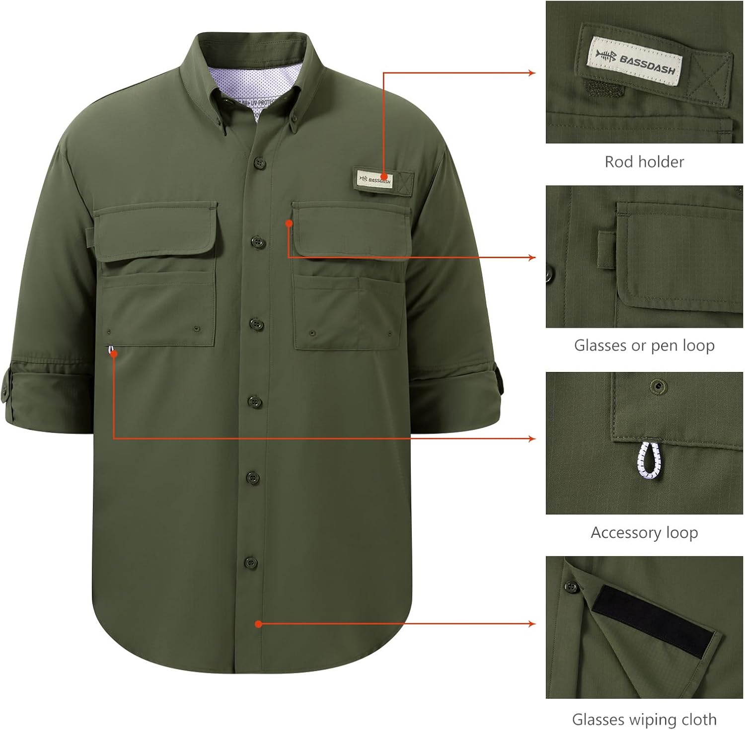 BASSDASH Men's Performance Fishing Hiking Shirt UPF 50 Button Down Long Sleeve Quick Dry FS21M - Image 3