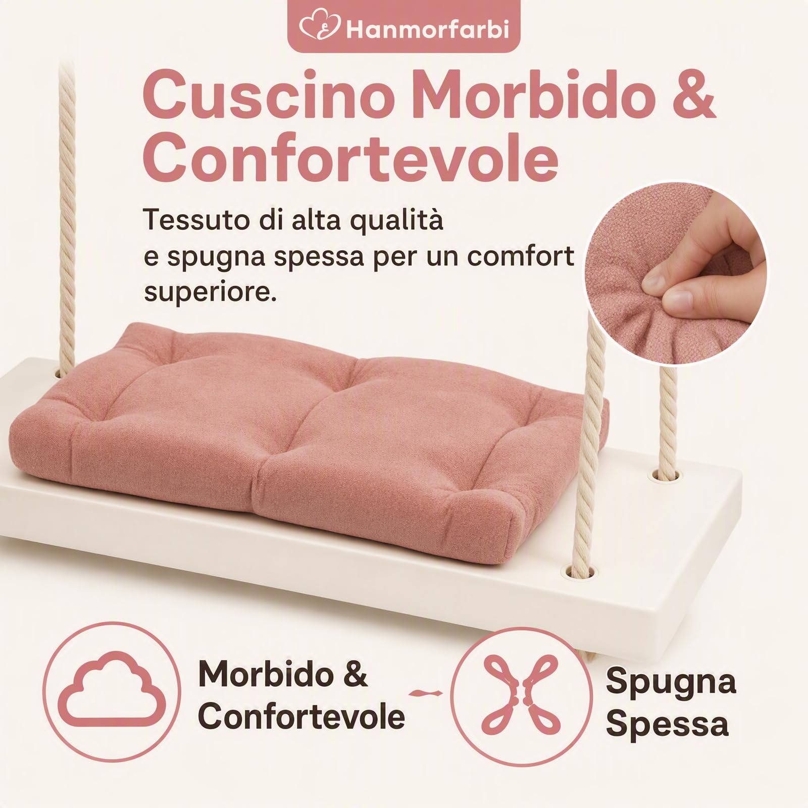 Poltrona sospesa con cuscino ispessito per bambini, altalena in legno rosa con supporto per interni ed esterni, asili, capacità di peso 50 kg