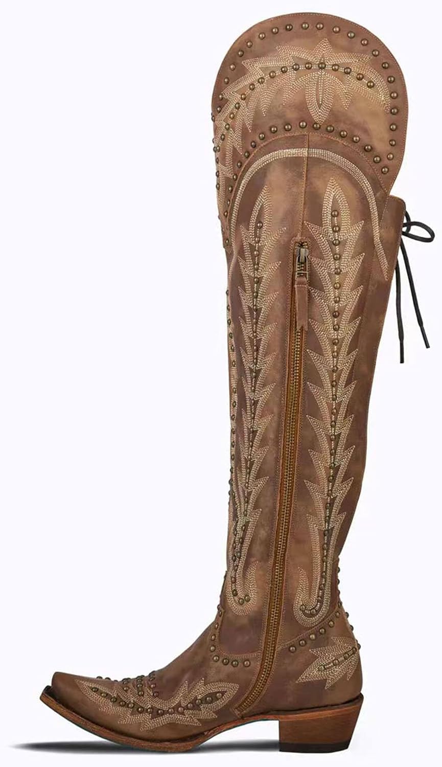 KOKOMOMO Wide Calf Cowboy Boots Women Over The Knee Western Cowgirl Thigh High Boots Embroidered Chunky Heels Adjustable Lace Up Long Country Boot Zip 2 INCH Heel Dress Shoes