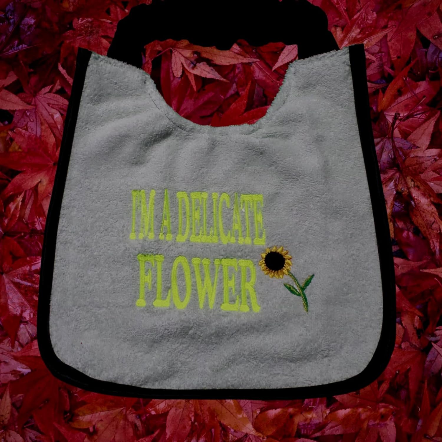 Personalized dog bib bandana with 'Delicate Flower' and a sunflower embroidered - high quality towelling material - choose your preferred size - keep your pups warm & clean