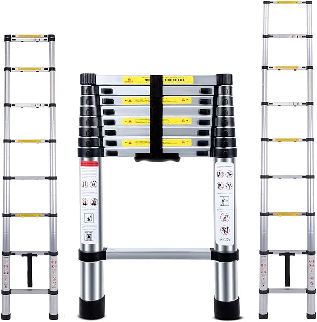 Telescopic Ladder 2.6M Multi-Purpose Folding Aluminium Telescoping Ladder Extendable Portable Loft Ladder Foldable Ladder with EN131 and CE Standard (8.5FT/2.6M)